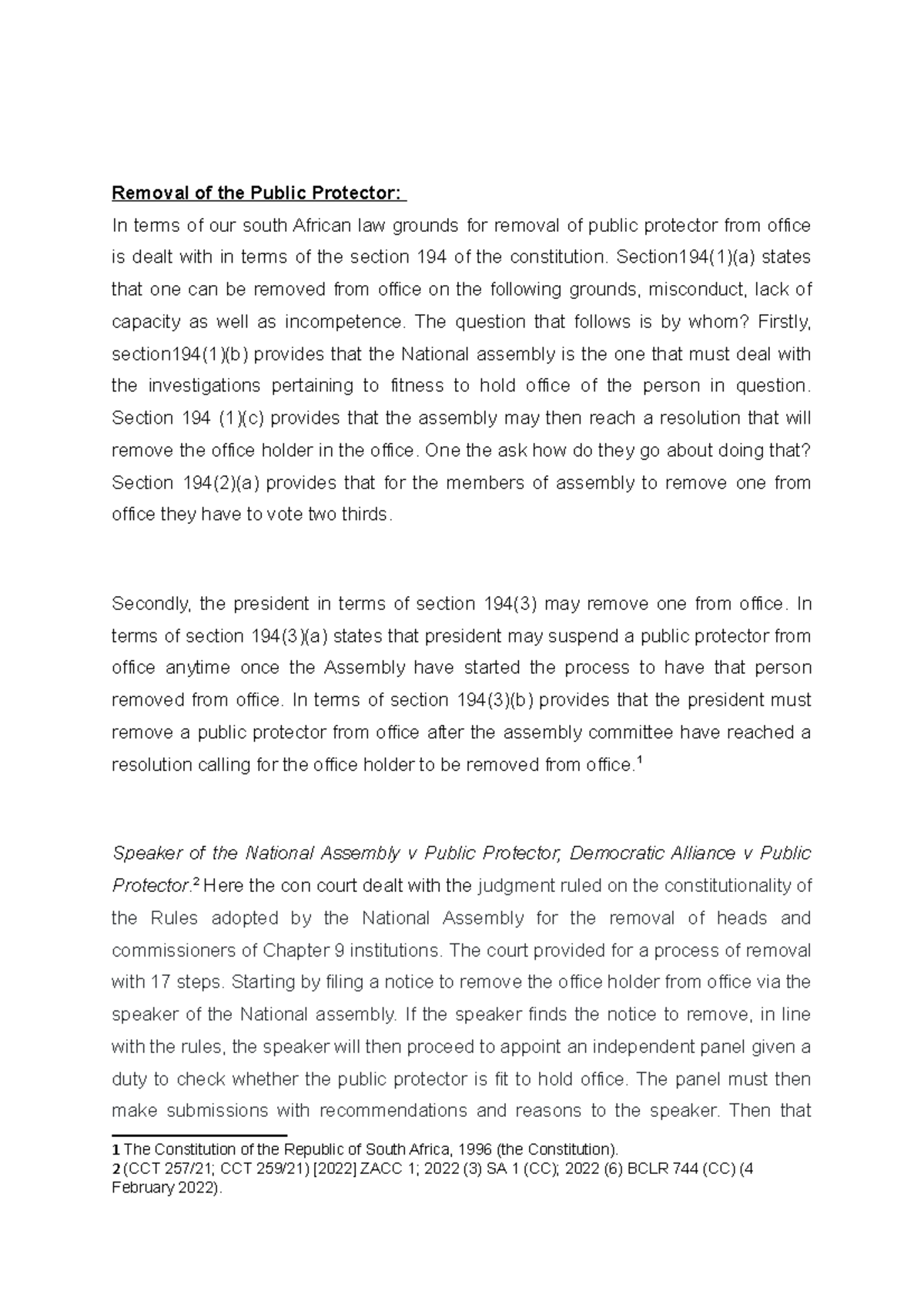 Removal of the Public Protector - Section194(1)(a) states that one can ...