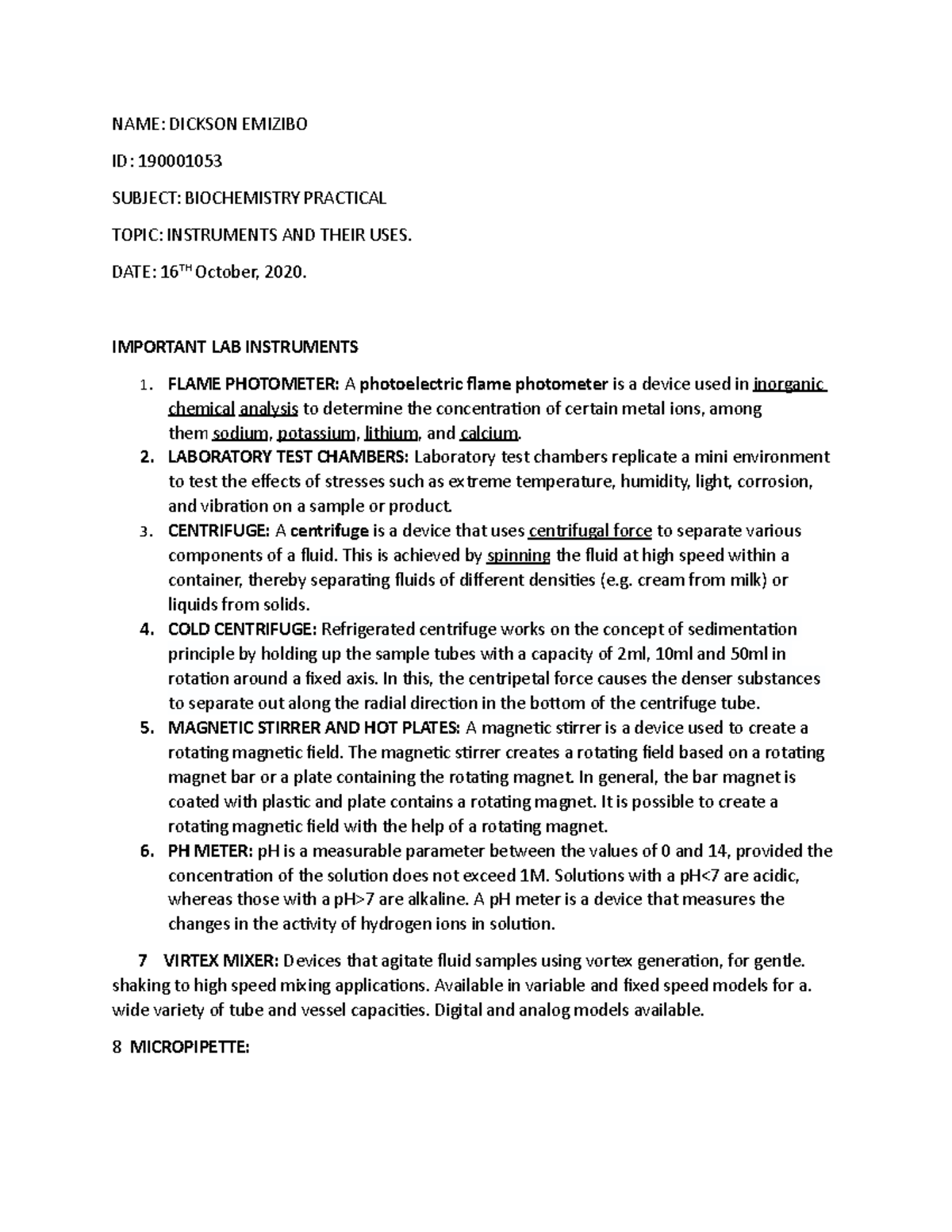 Document Biochem - Lecture notes 1 - NAME: DICKSON EMIZIBO ID ...