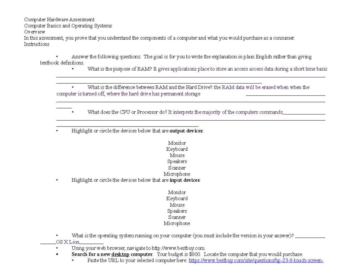 20A2 Computer Hardware Assessment Computer Hardware Assessment