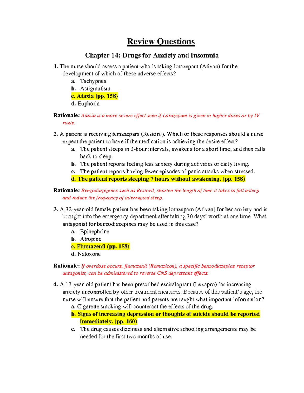 Review Questions Chapters 14 - Drugs For Anxiety And Insomnia - Review ...