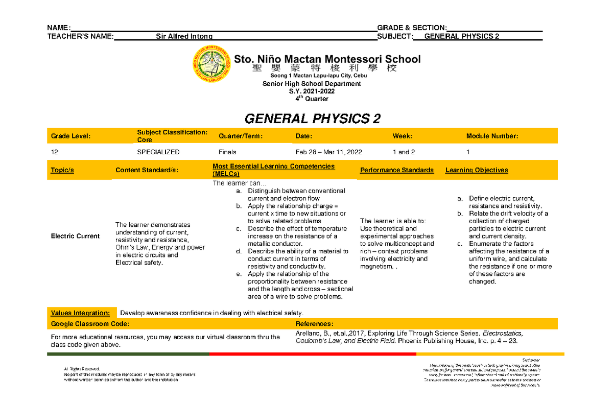 General Physics 2 For Grade 12 Learners - TEACHER’S NAME: Sir Alfred ...