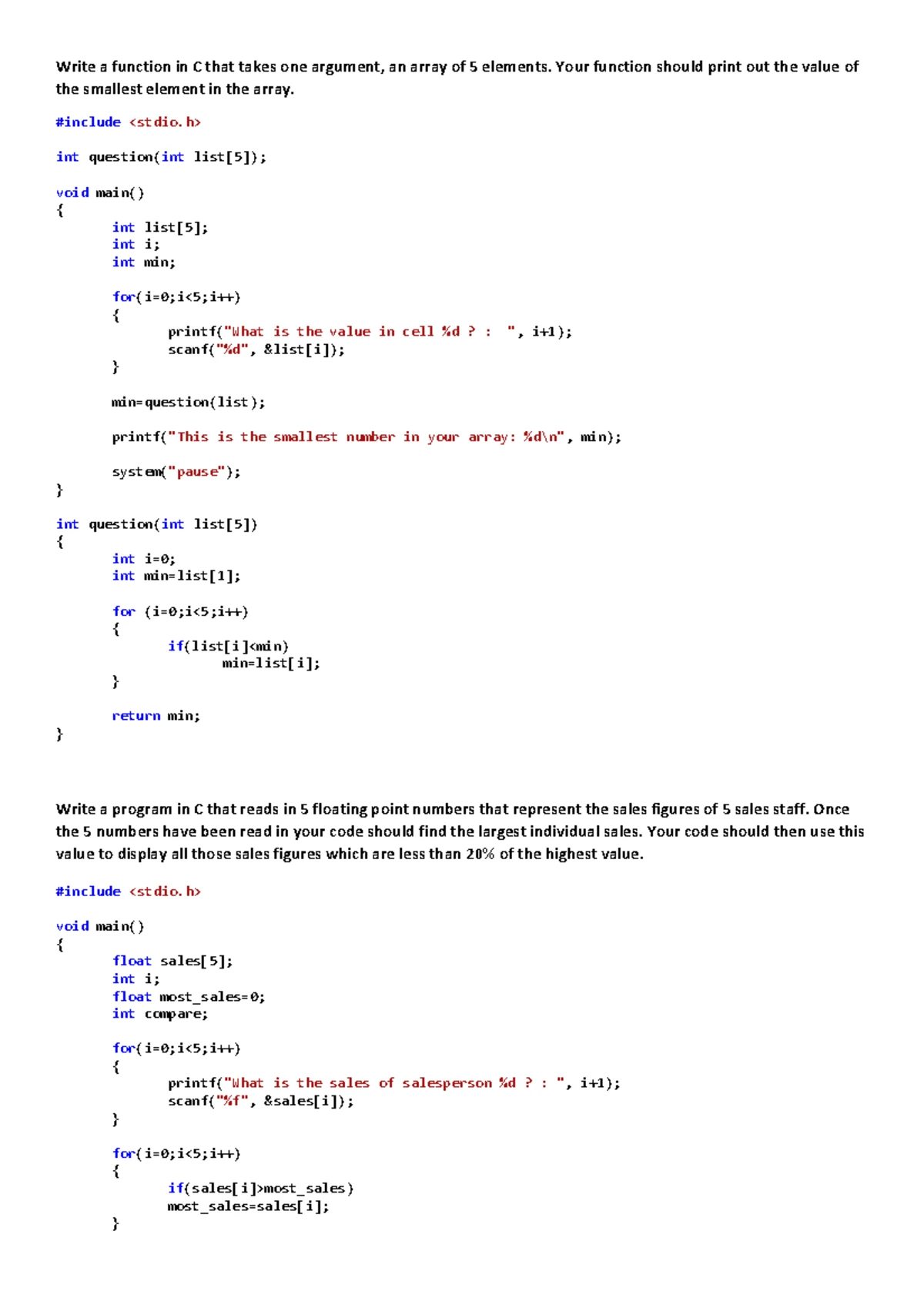 C Programming Past Exam worked solutions - Write a function in C that ...