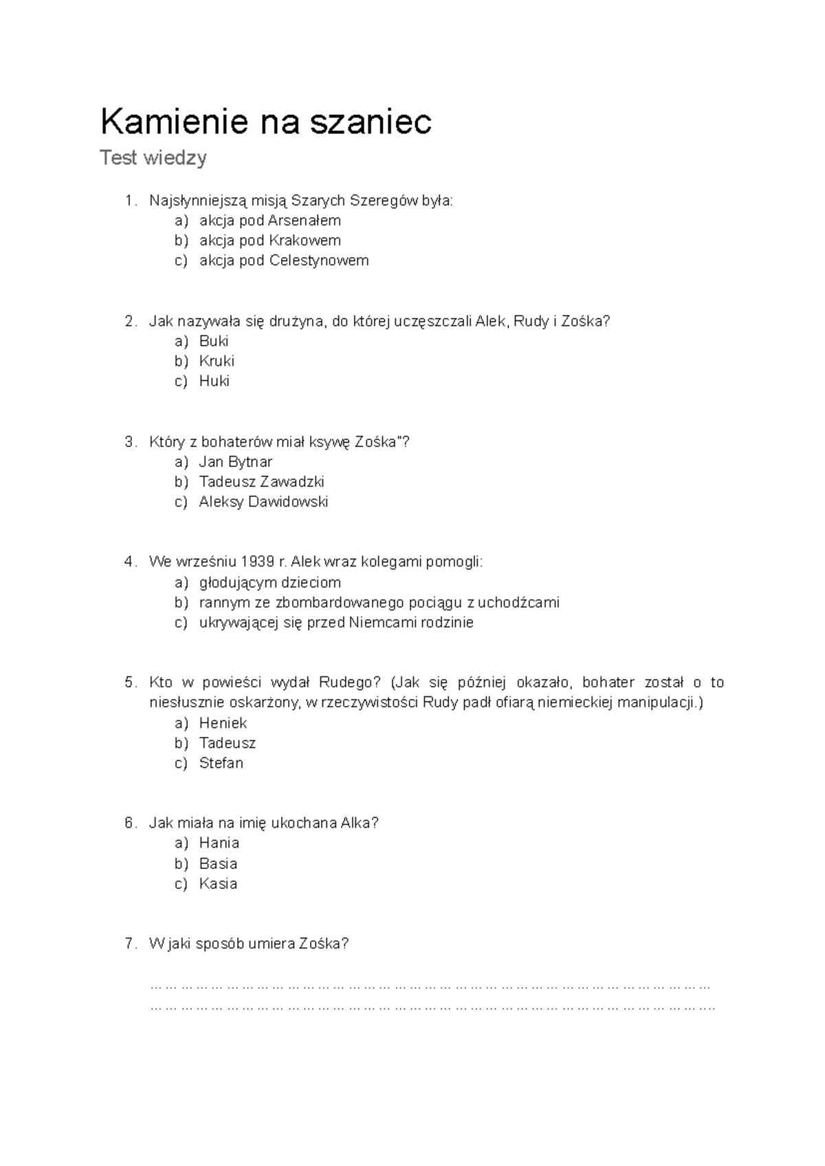 Kamienie Na Szaniec Pytania Do Sprawdzianu