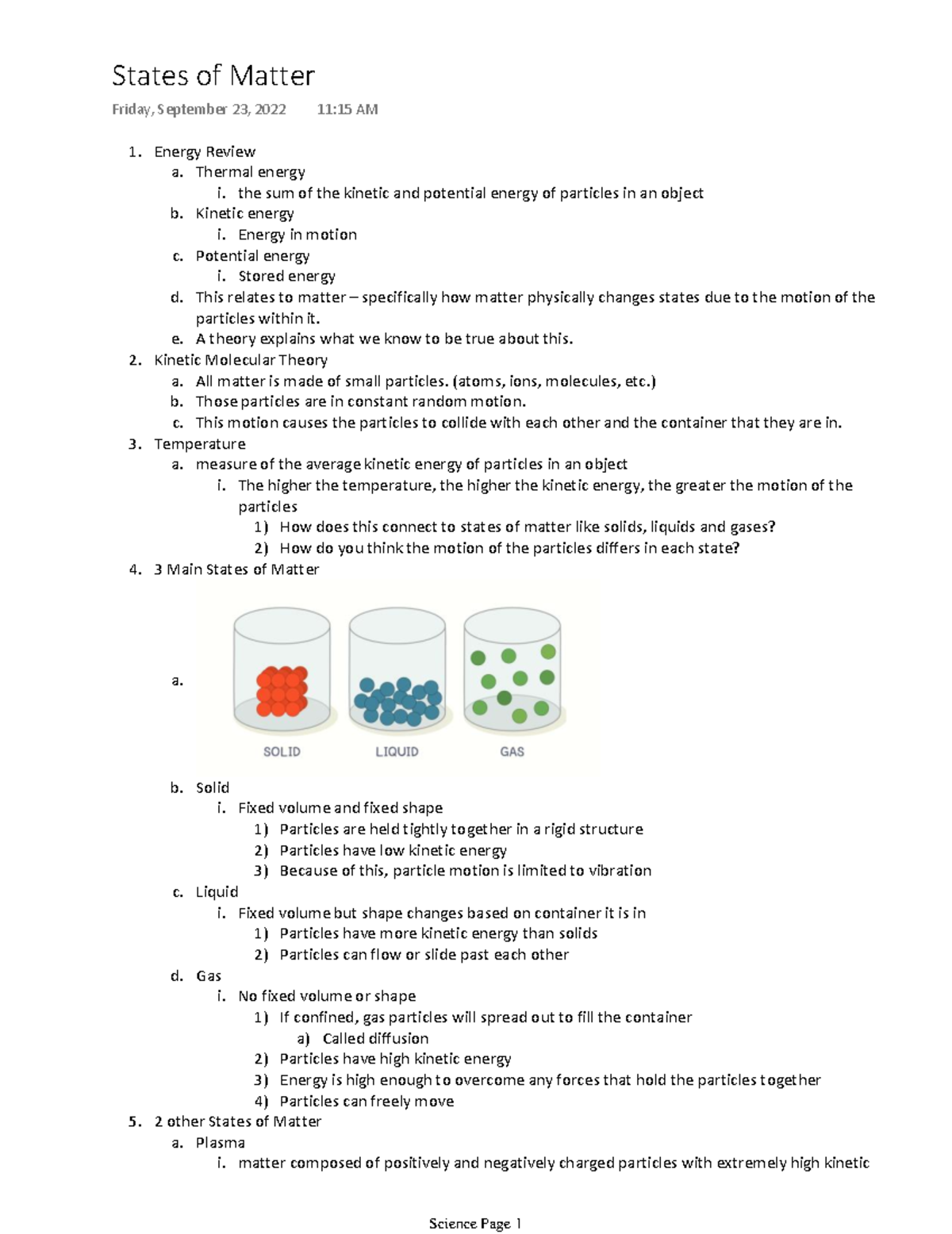 States of Matter Notes - Energy Review Thermal energy i. the sum of the ...