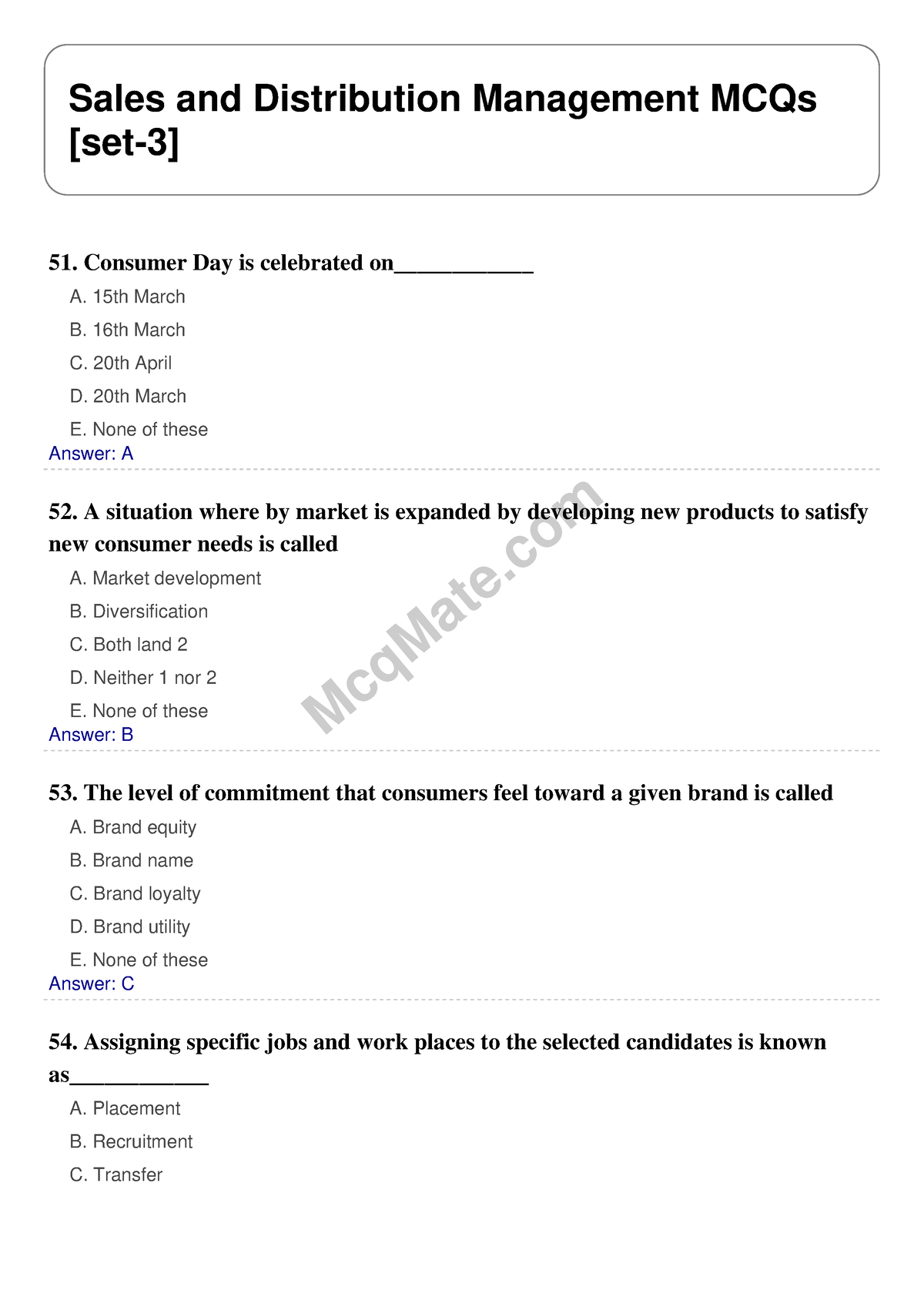 Sales And Distribution Management Solved MCQs [set-3] Mcq Mate.com ...