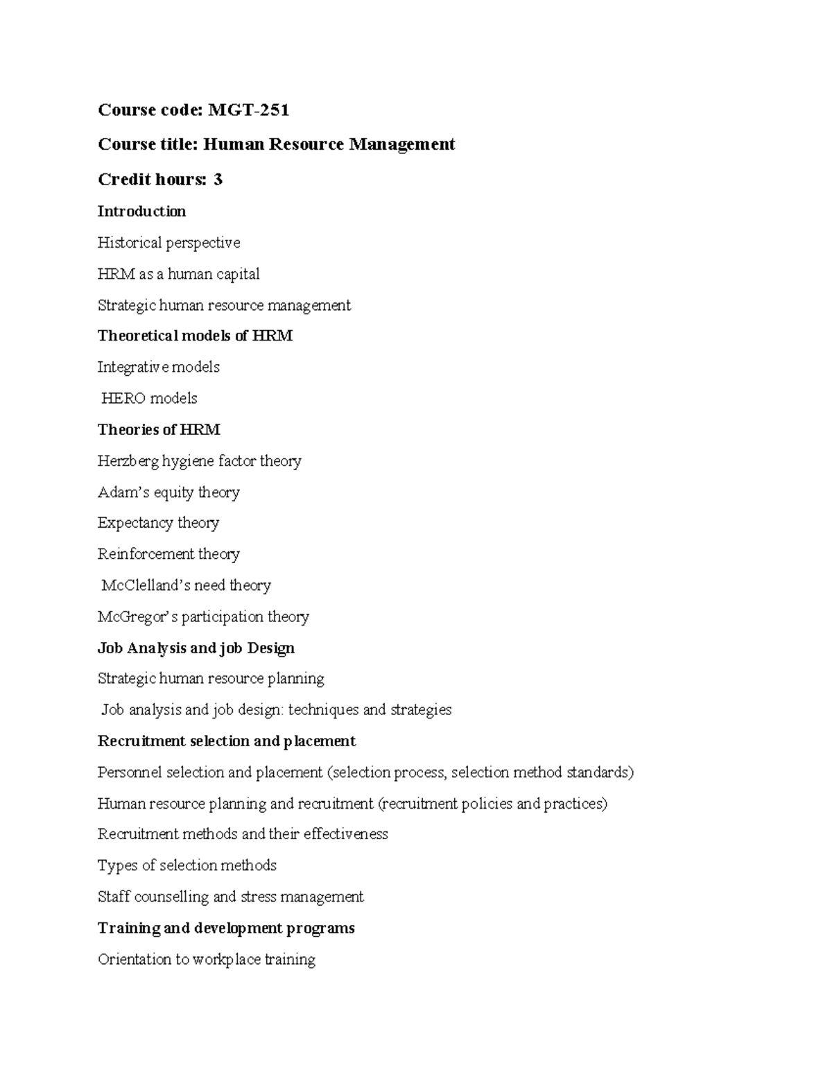 Contents of HRM - I need this document for teaching my students related ...