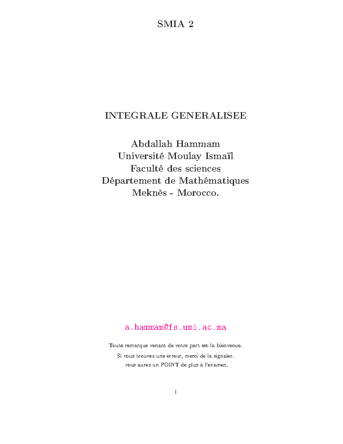 SMIA An2 Intégrale Généralisée - SMIA 2 INTEGRALE GENERALISEE Abdallah ...