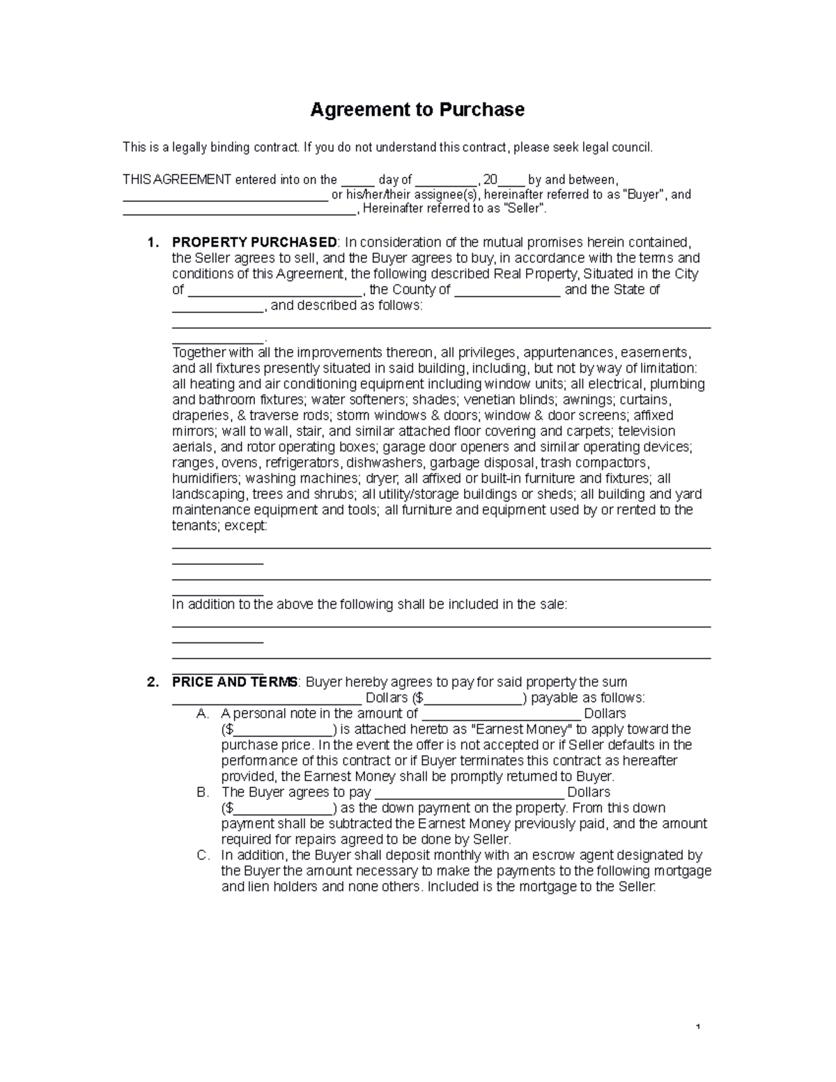 Sale of Real Property Template Agreement to Purchase This is a