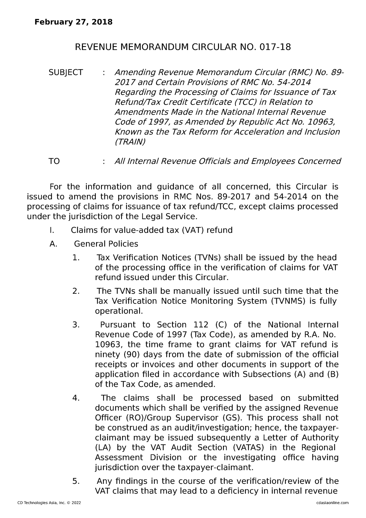 RMC 17-2018 - TAX - February 27, 2018 REVENUE MEMORANDUM CIRCULAR NO ...