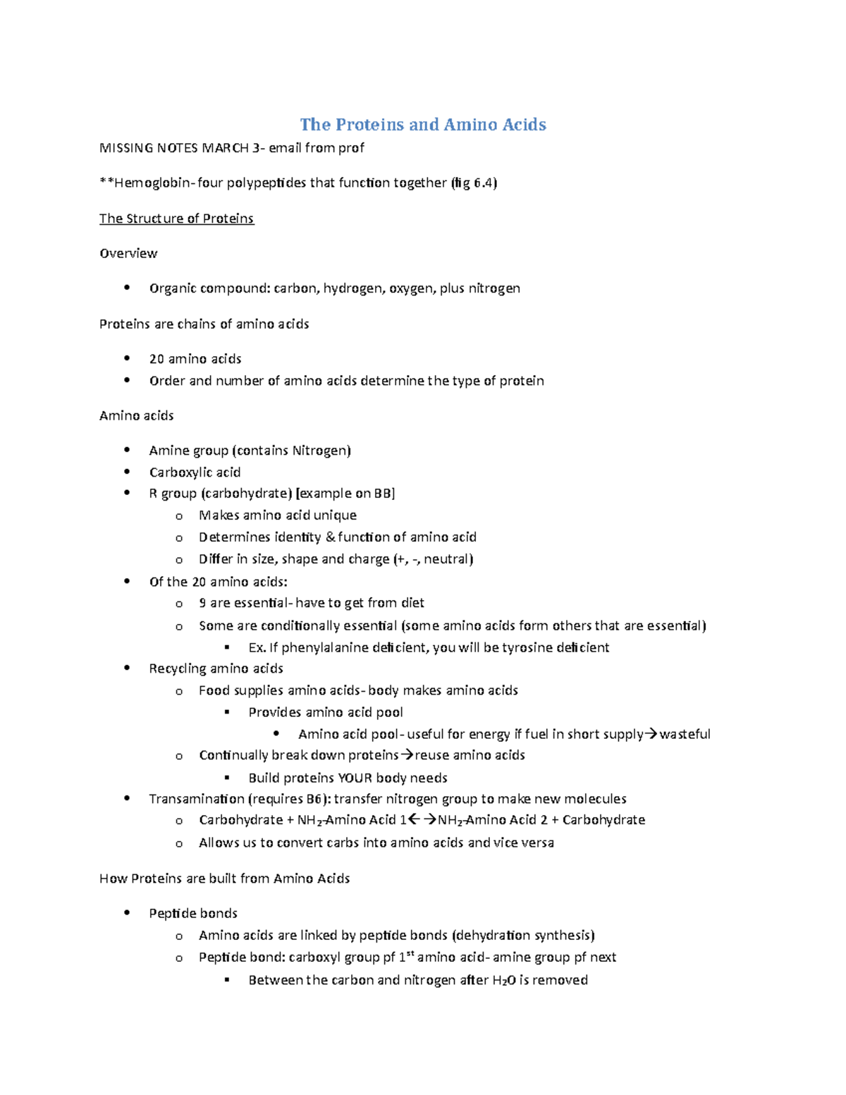 Chapter 6 The Proteins and Amino Acids.docx The Proteins and Amino Acids MISSING NOTES MARCH