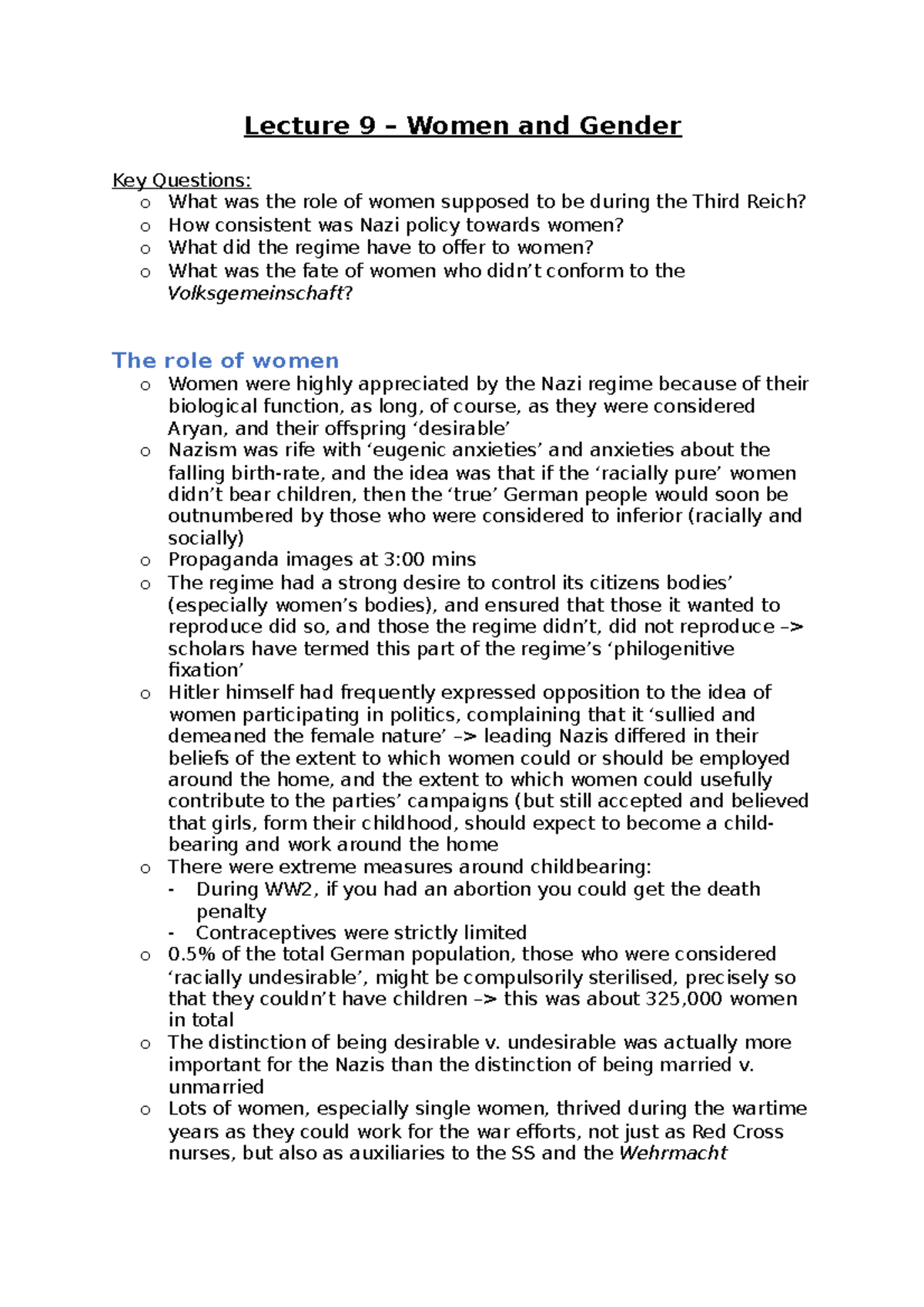 Women and Gender - Lecture 9 – Women and Gender Key Questions: o What ...
