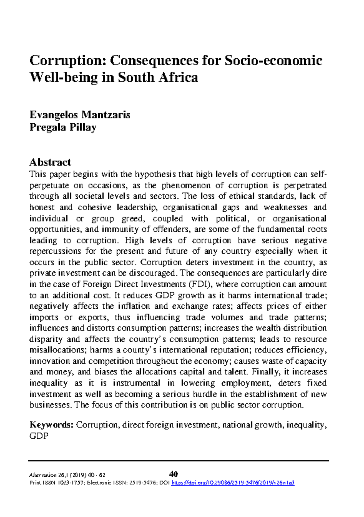 consequences of corruption - Alternation 26,1 (2019) 40 - 62 40 Print ...