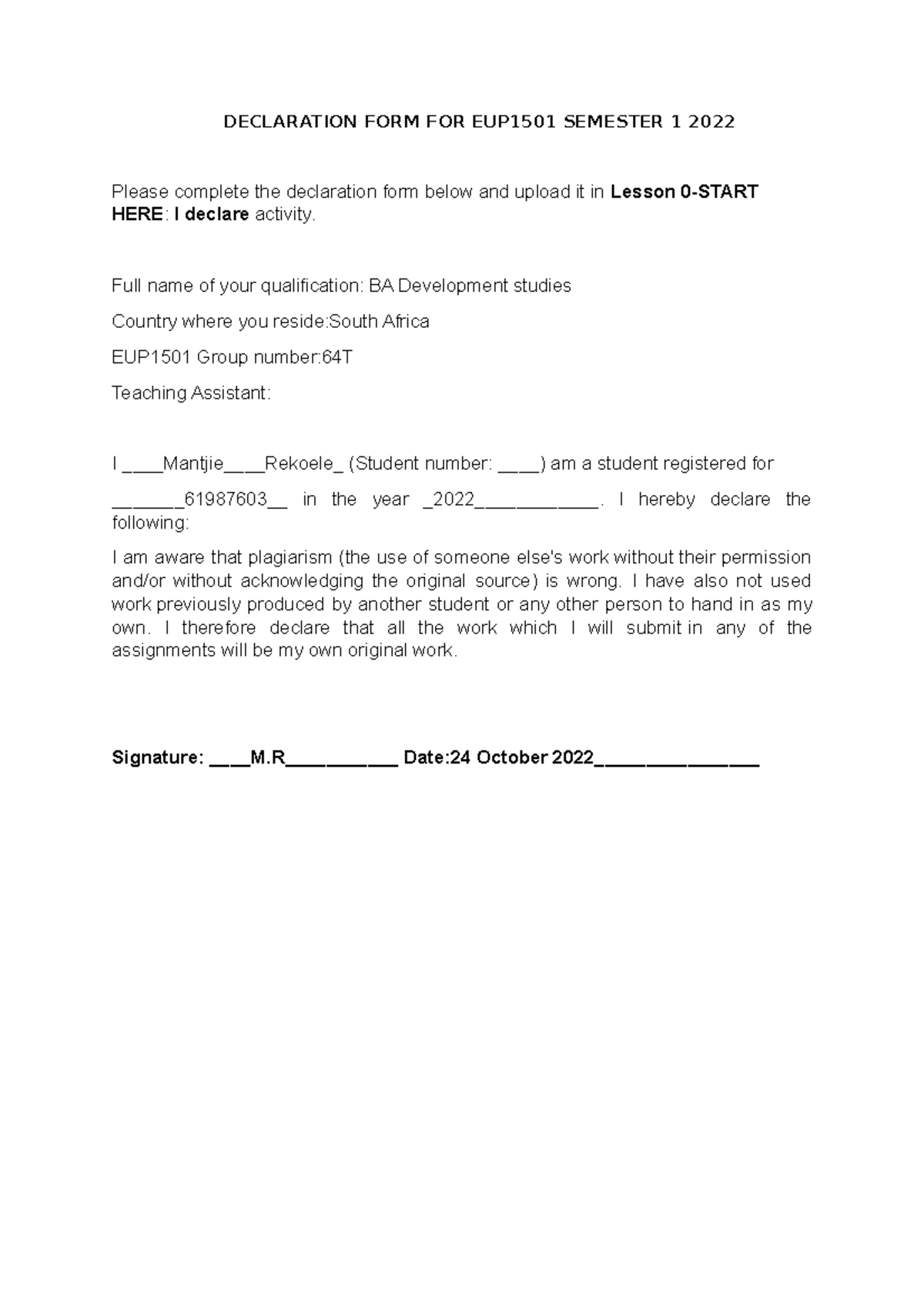 Declaration Form - Declare - DECLARATION FORM FOR EUP1501 SEMESTER 1 ...