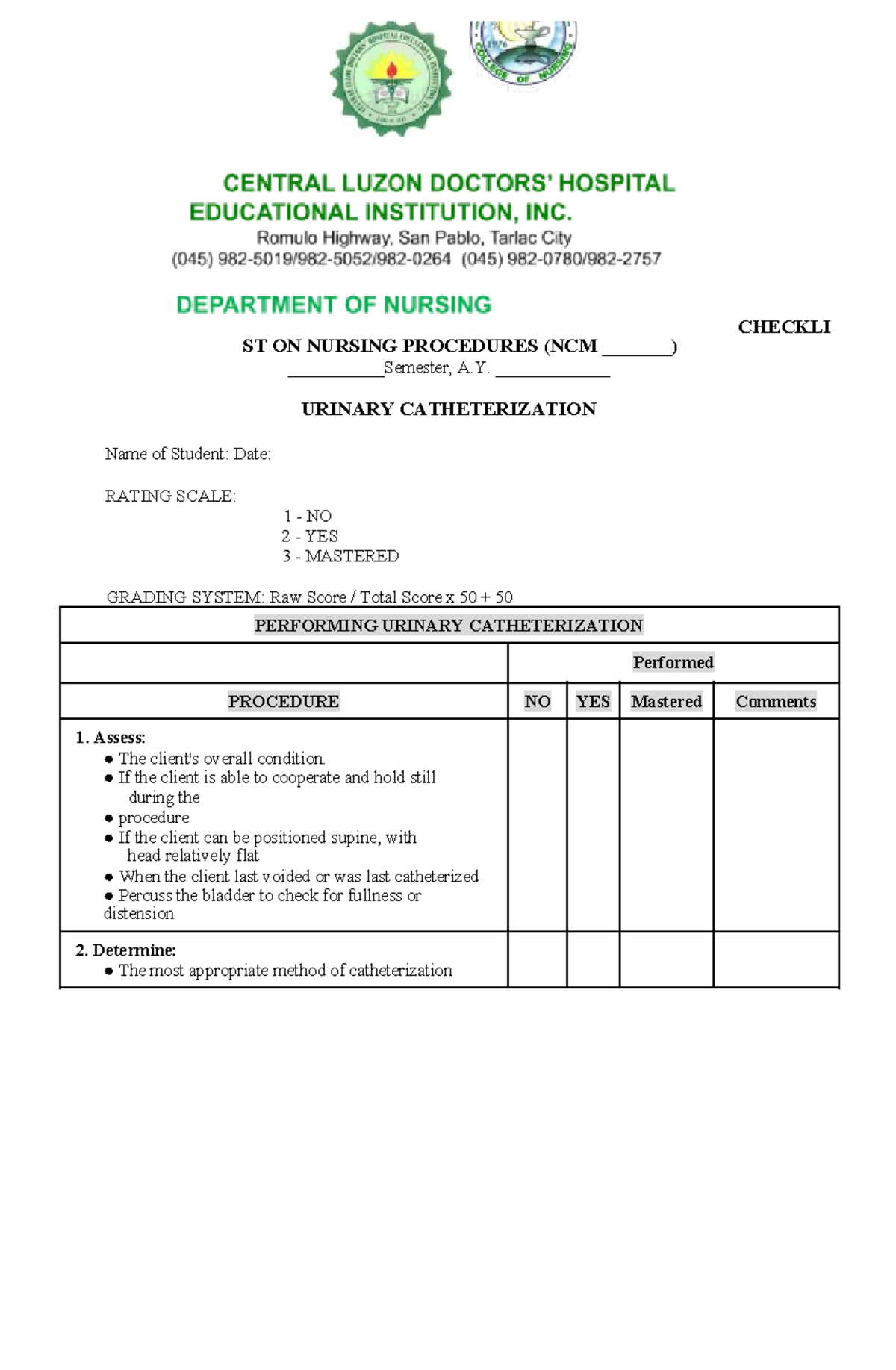 Checklist - Catheterization-1 - CHECKLI ST ON NURSING PROCEDURES (NCM