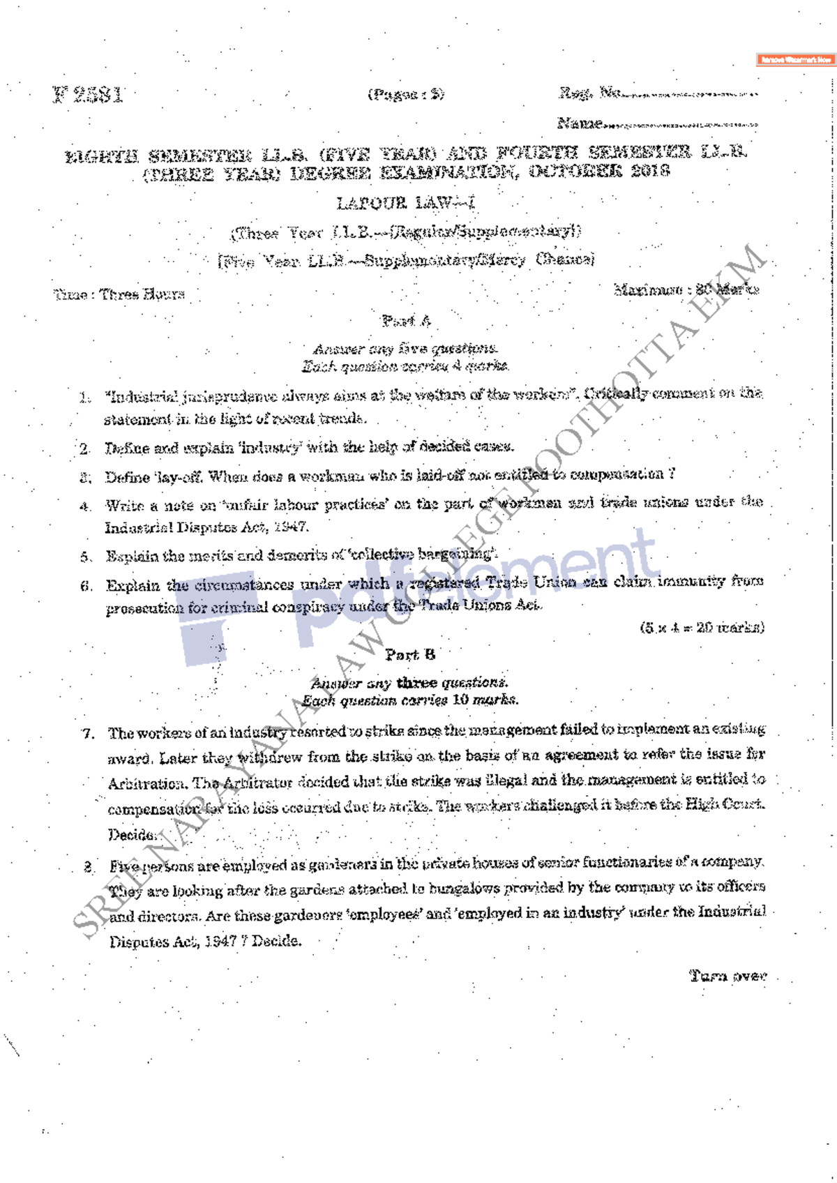 2018 october labour law i 3 year /5 year LL.B. SREE NARAYANA LAW