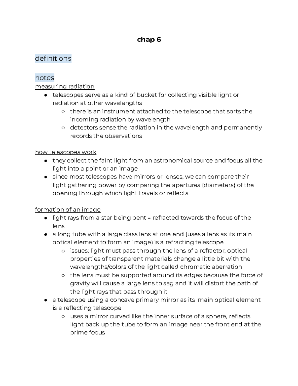 astronomy chap 6 chap 6 definitions notes measuring radiation
