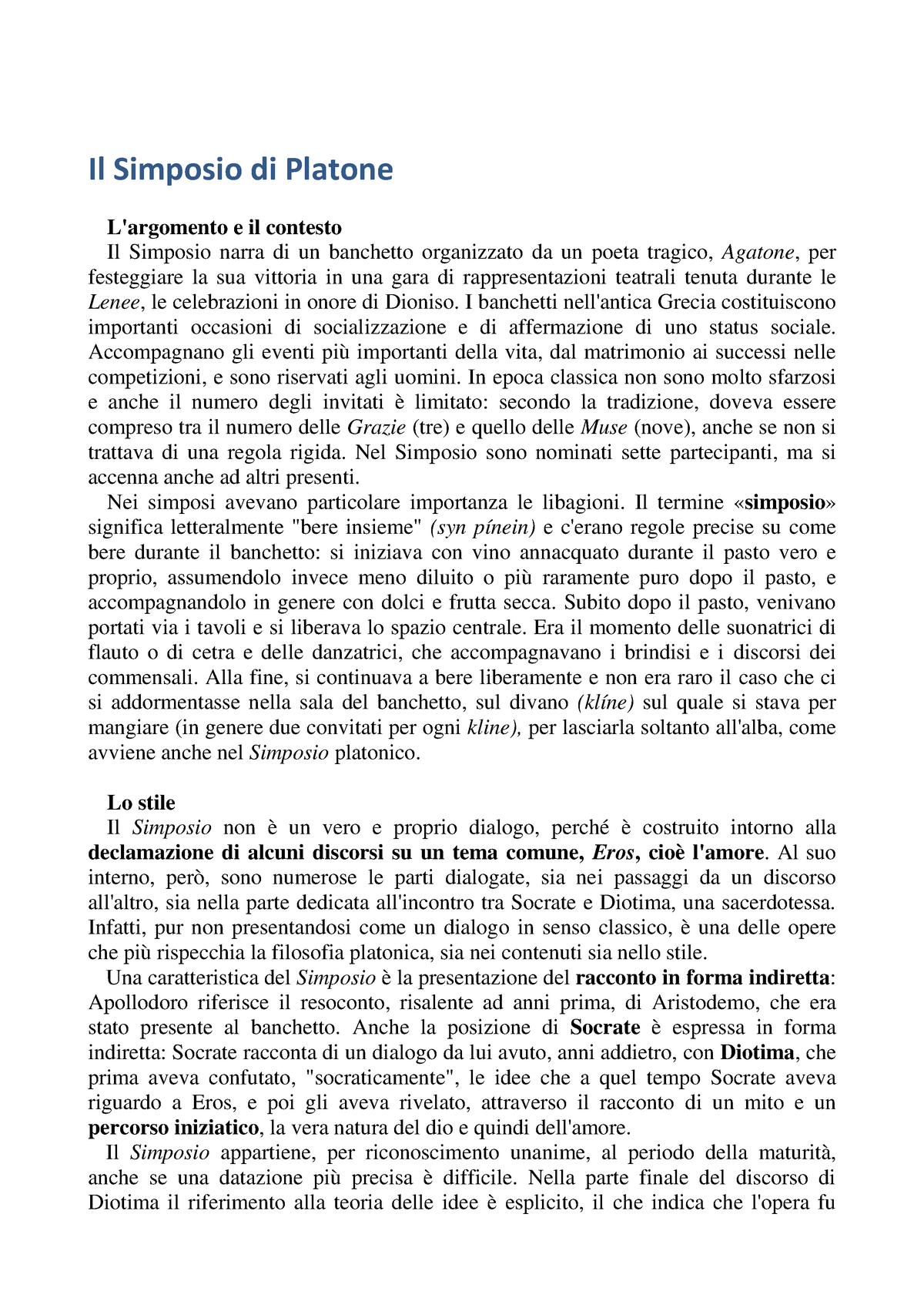 Il Simposio di Platone commento - Il Simposio di Platone e il contesto Il  Simposio narra di un - Studocu