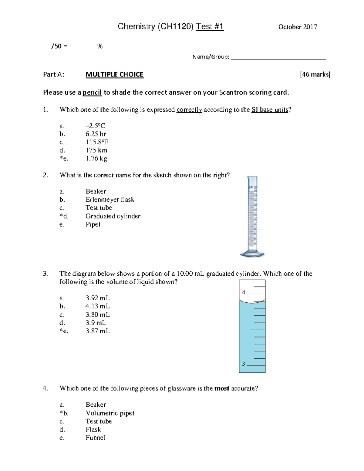 October 2017 Test 1 - key - Chemistry (CH1120) Test #1 October 2017 ...