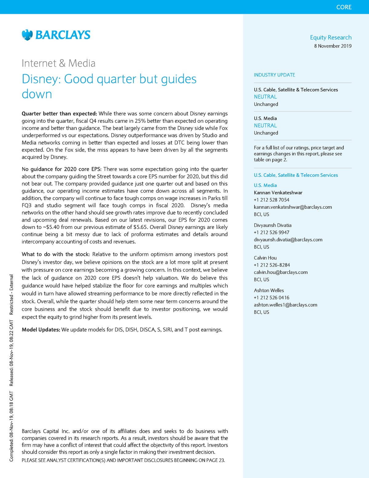 2019-11-08-DIS.N-Barclays-Internet Media Disney Good Quarter But Guides ...