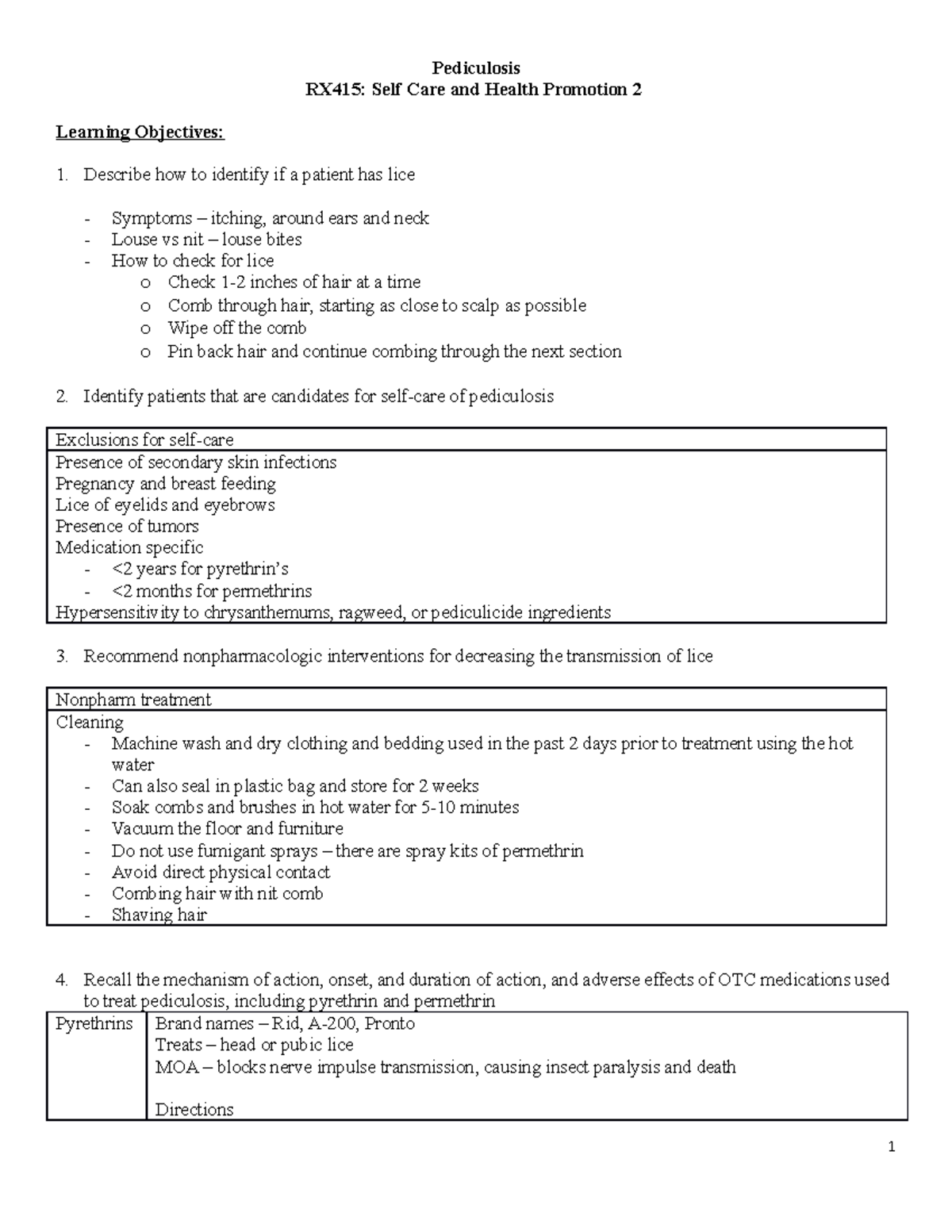 Pediculosis Notes Pediculosis RX415 Self Care and Health Promotion 2