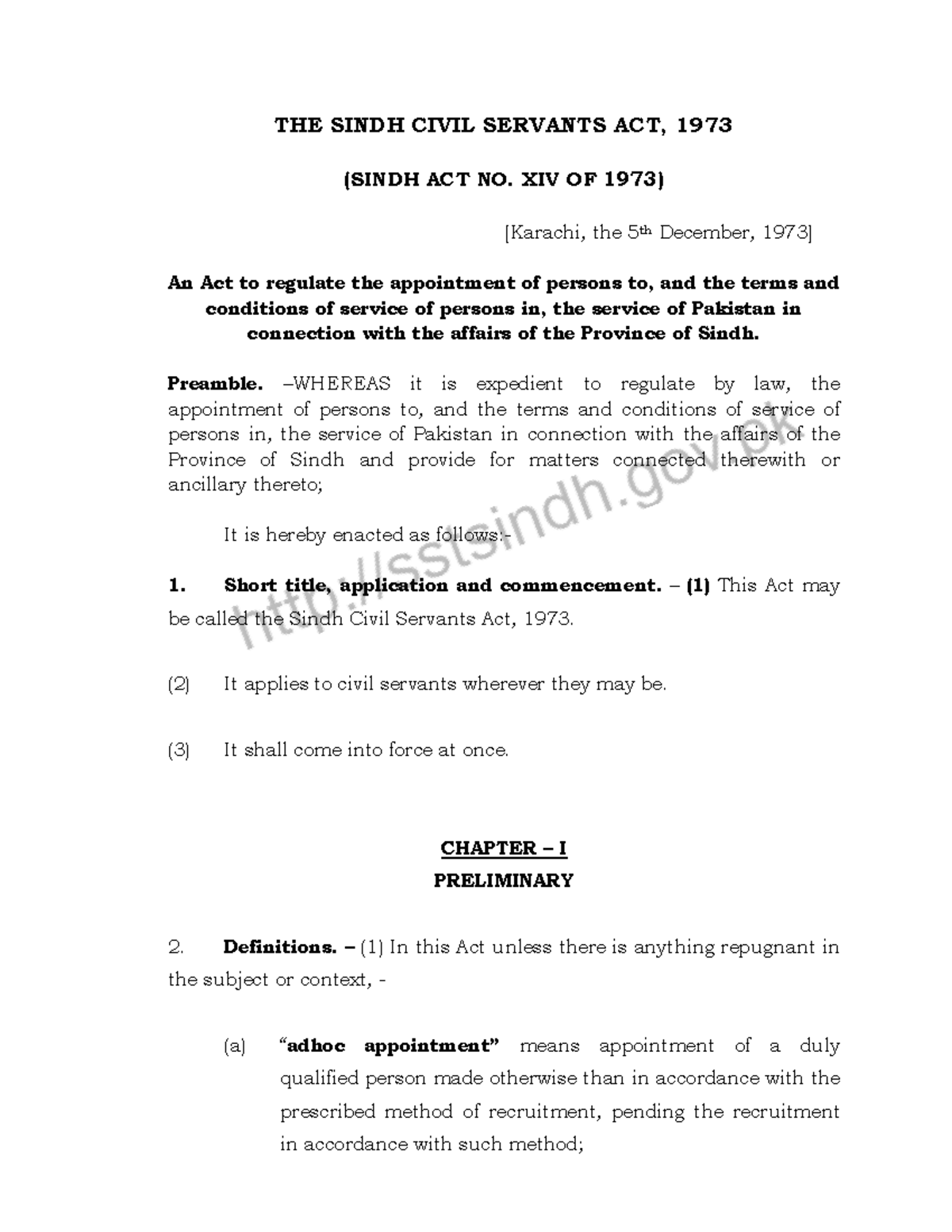 THE Sindh Civil Servants ACT, 1973 THE SINDH CIVIL SERVANTS ACT, 1973
