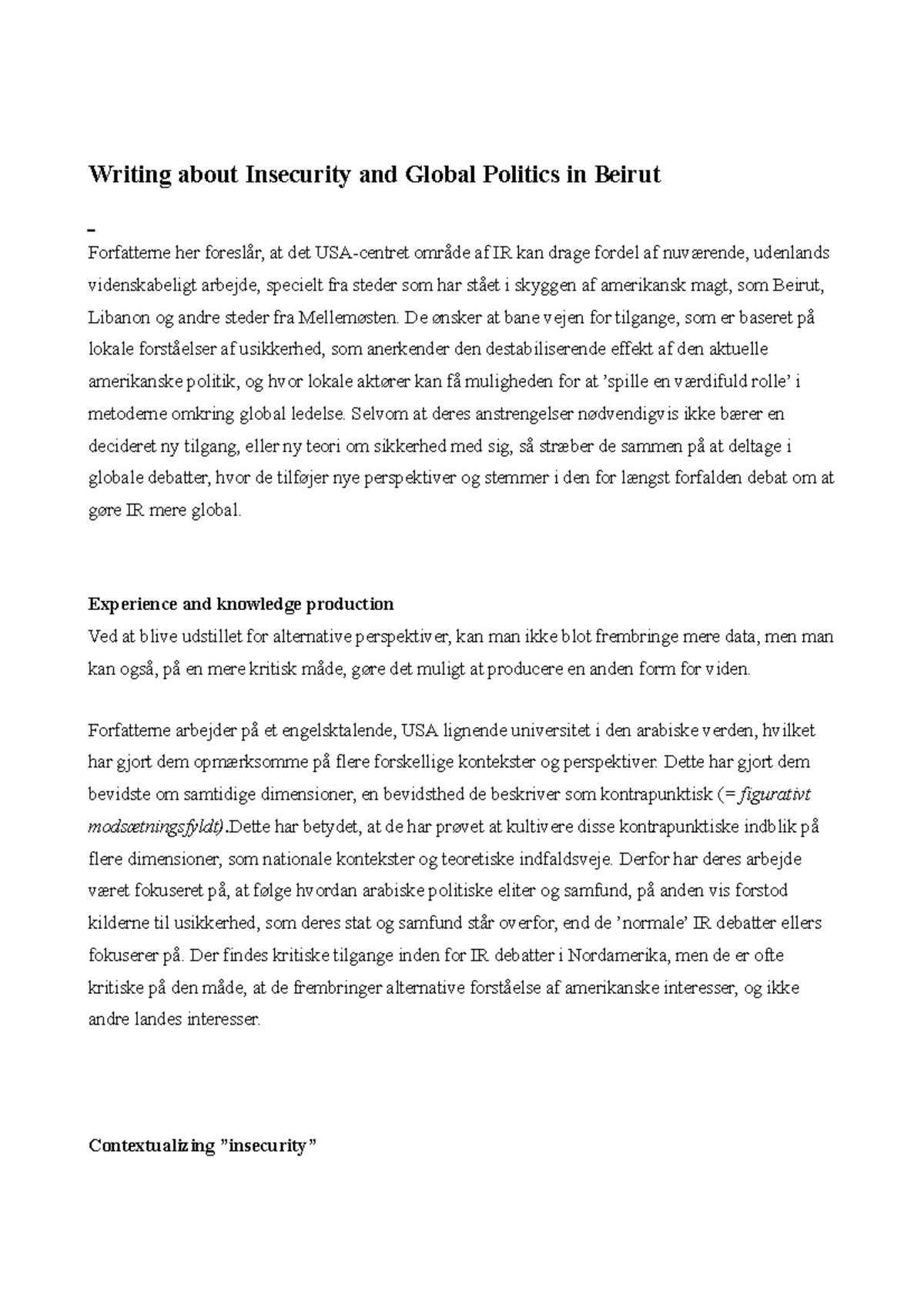 SAMF A NOTER til teksten Writing about Insecurity and Global Politics ...