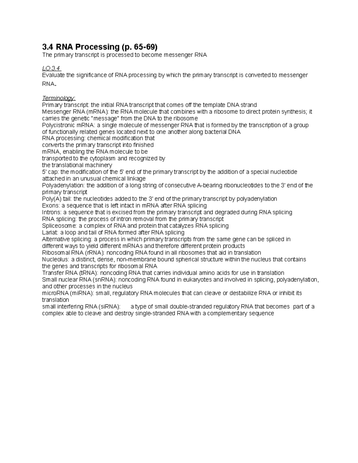 Chapter 3.4 Reading Guide - 3 RNA Processing (p. 65-69) The primary ...