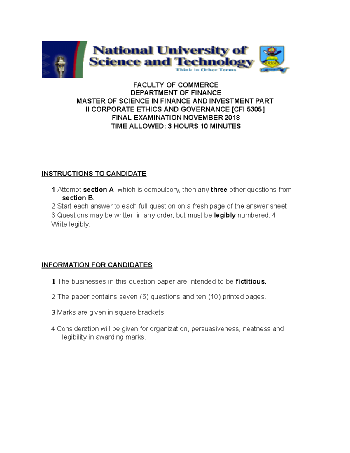CFI 5113 5305 Draft EXAM Paper 2018 - FACULTY OF COMMERCE DEPARTMENT OF ...