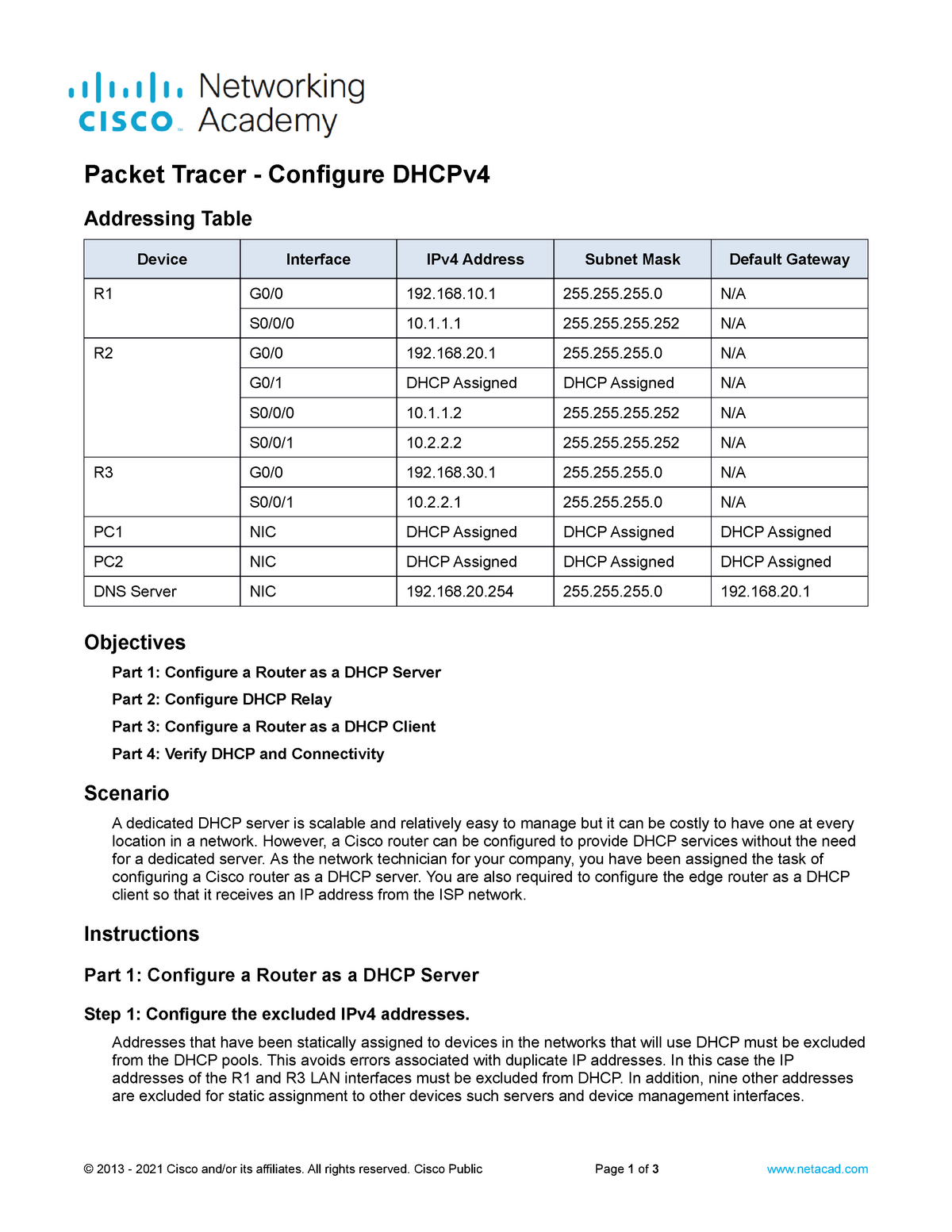 packet tracer configuring dhcp using cisco ios