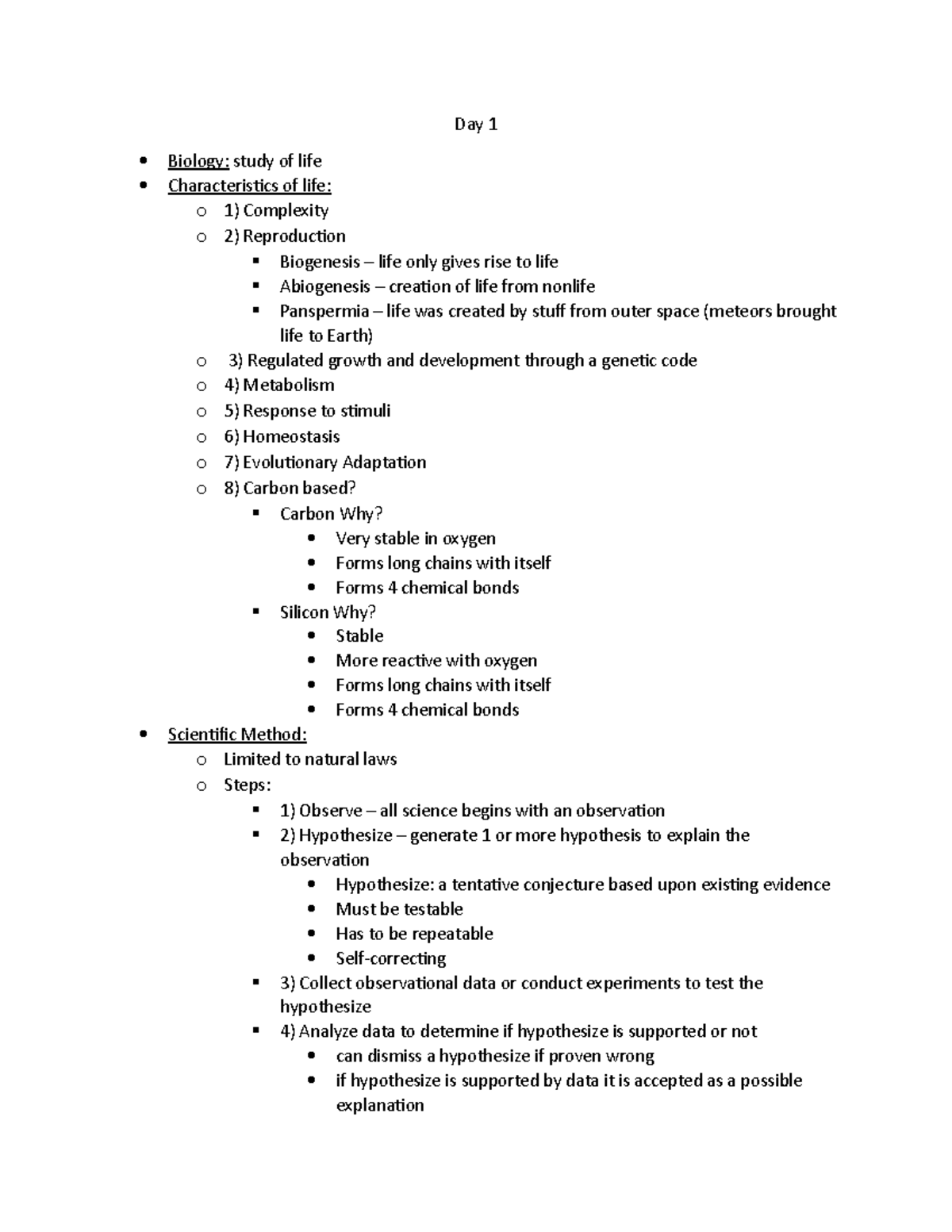 Bio Notes Test 1 BSC1010C Rossi University of North Florida - Day 1 ...