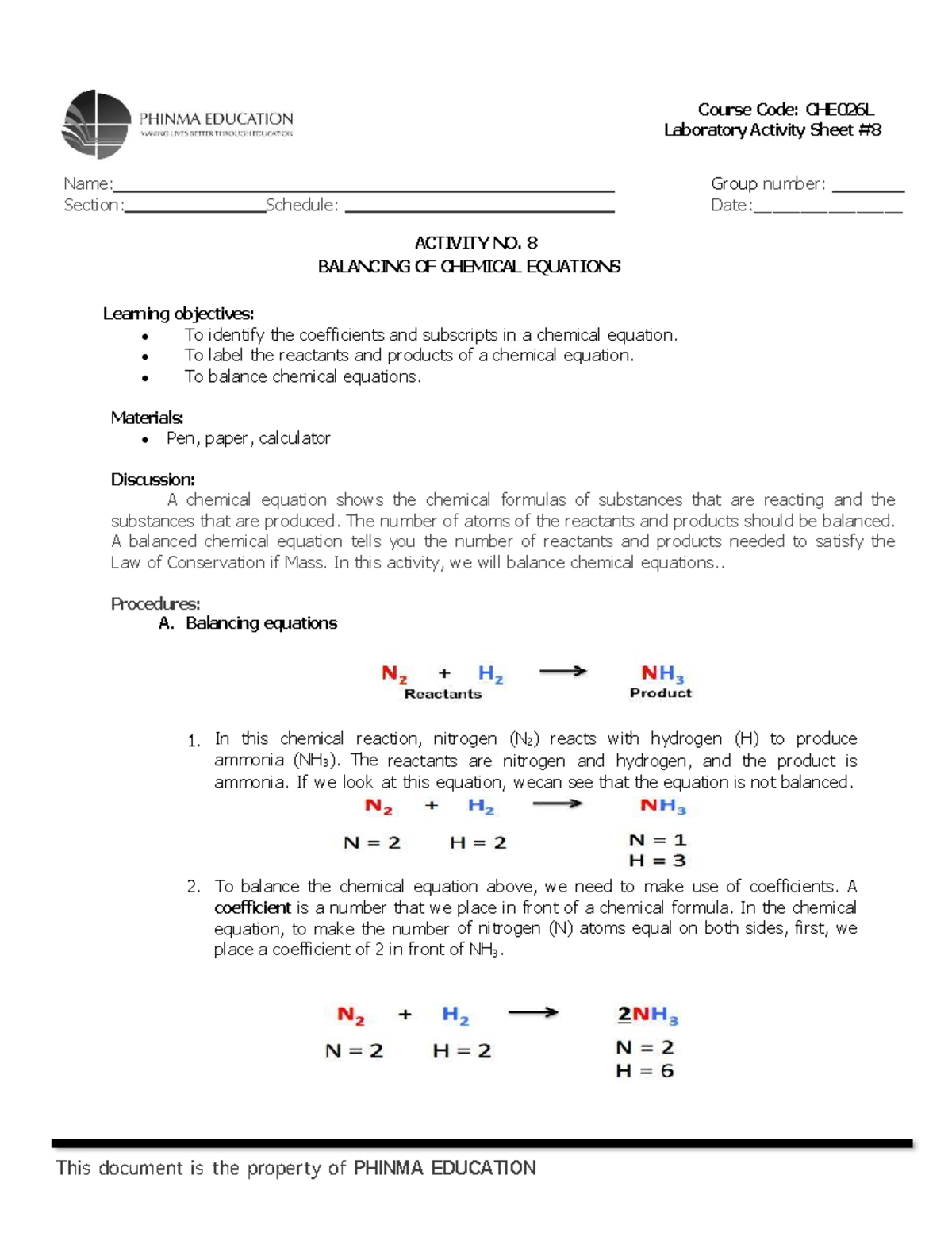 CHE 026L LAS 8- Balancing of Chemical Equations - Laboratory Activity ...