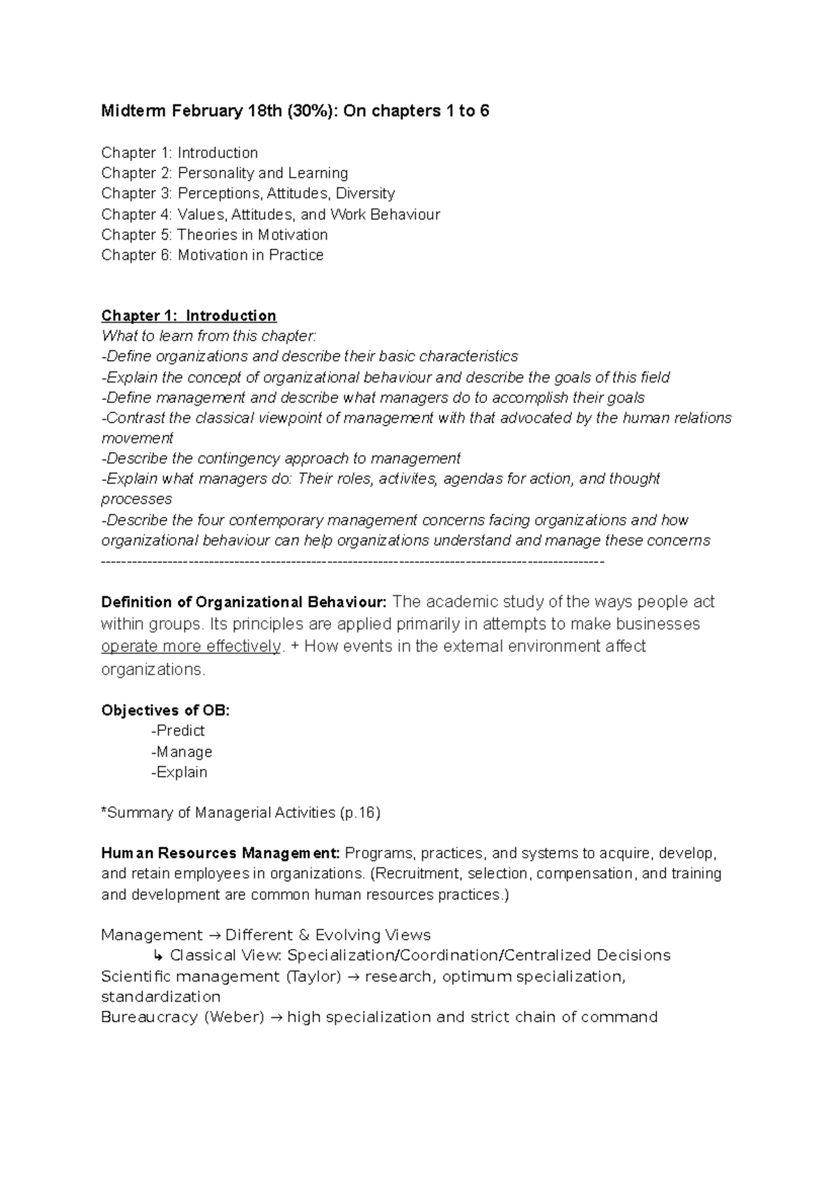 OB Midterm Study Guide - Midterm February 18th (30%): On chapters 1 to ...