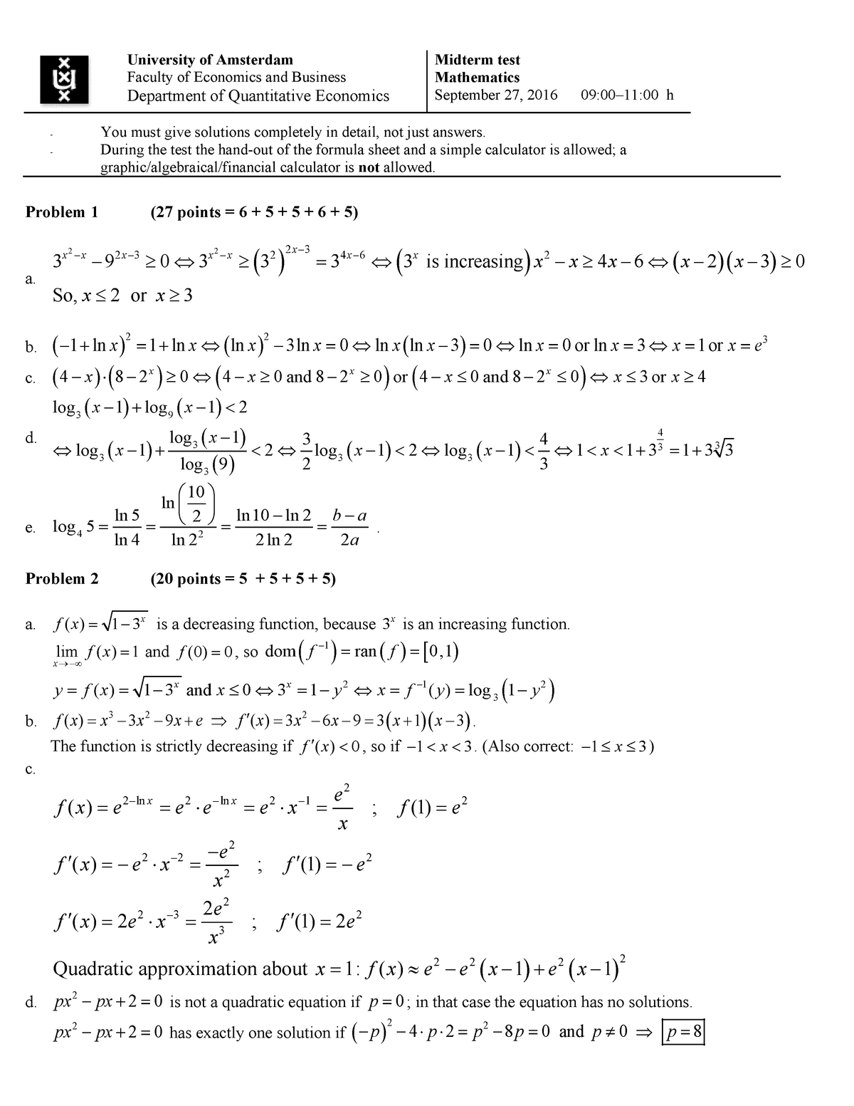 Midterm 27 September 16 Antwoorden University Of Amsterdam Faculty Of Economics And Business Midterm Test Mathematics September 27 Department Of Studocu