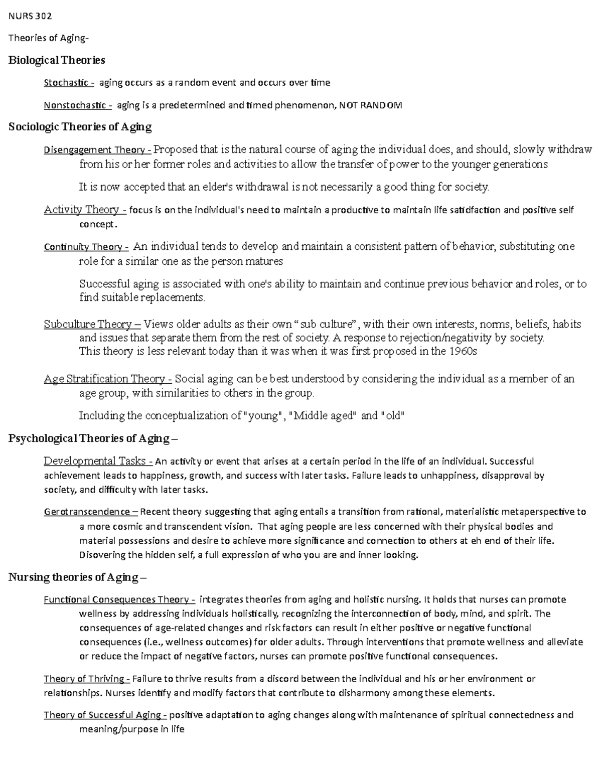 Theories of Aging in NURS 302 - Studocu