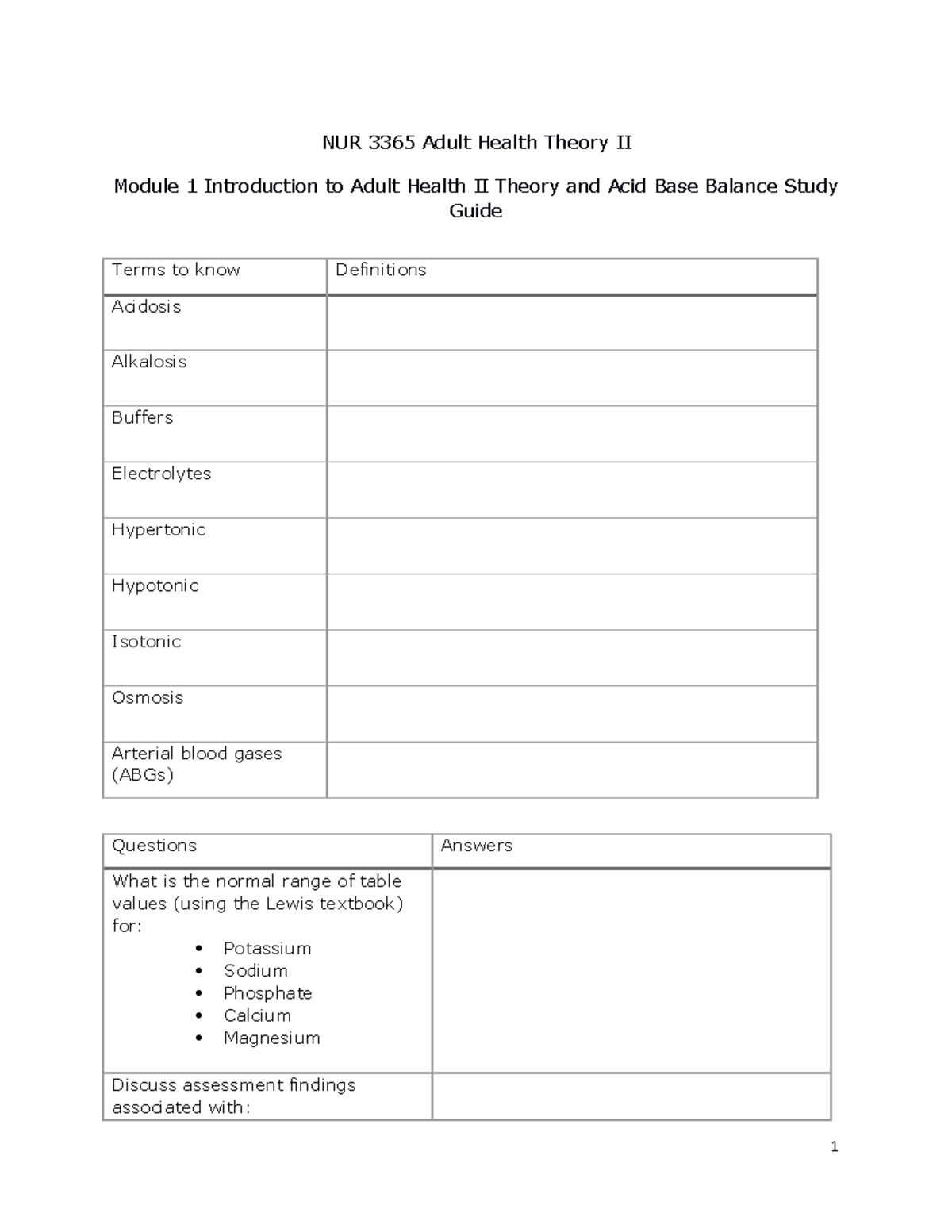 NUR 3365 Module 1 Acid Base Balance Study Guide - NUR 3365 Adult Health ...