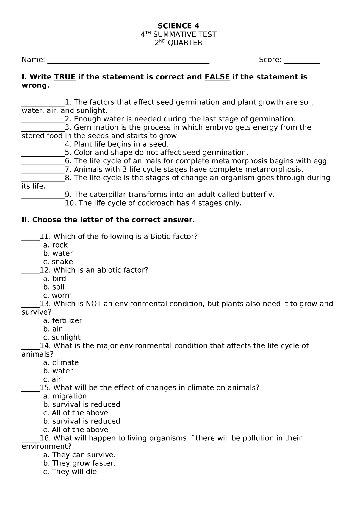 SCI4 ST4 Q2-1 - Summative - SCIENCE 4 4 TH SUMMATIVE TEST 2 ND QUARTER ...