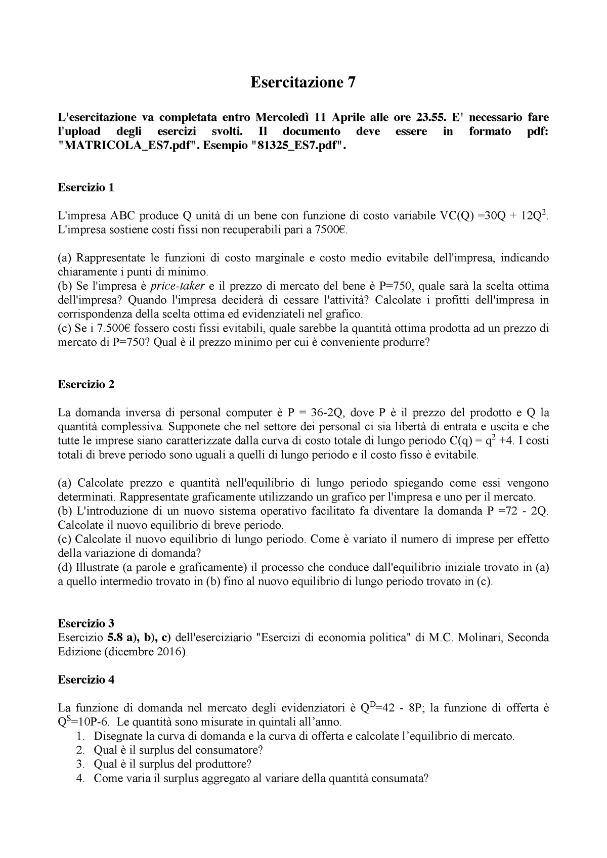 Esercitazione 7 - Esercitazione 7 L'esercitazione Va Completata Entro ...