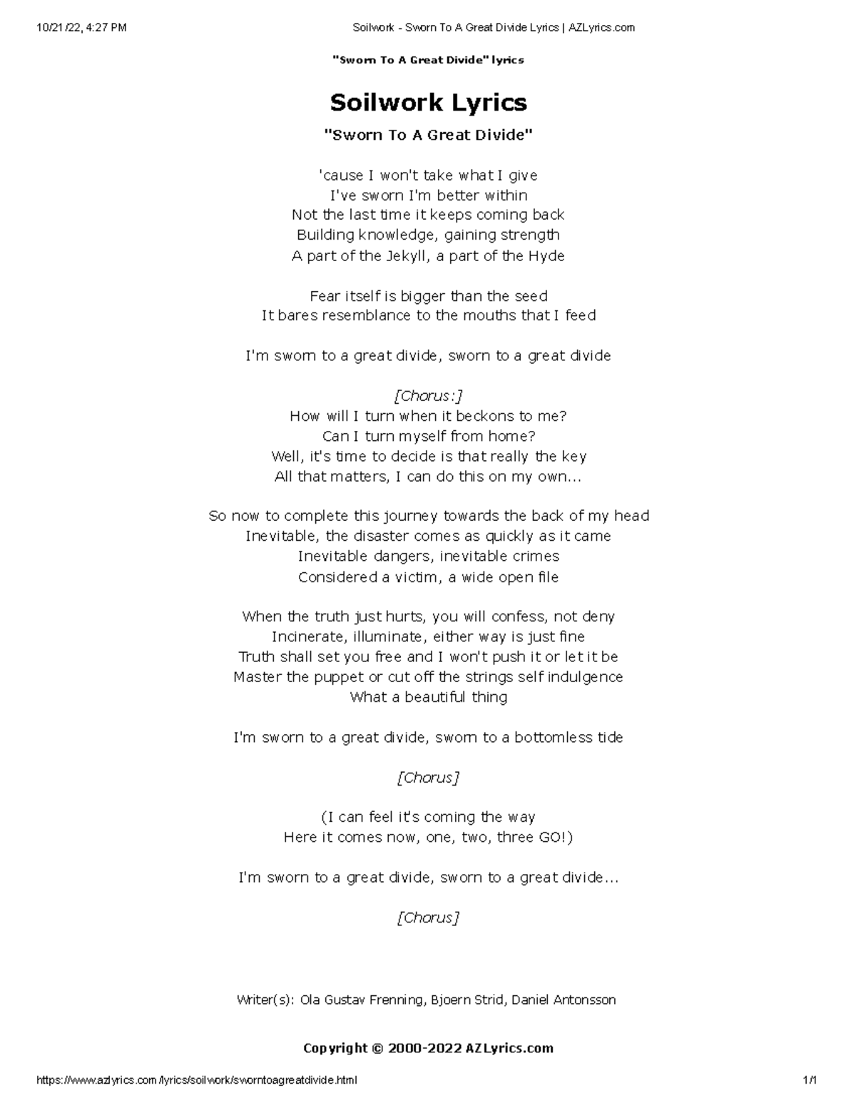 Soilwork Sworn To A Great Divide Lyrics AZLyrics html 1/ Copyright