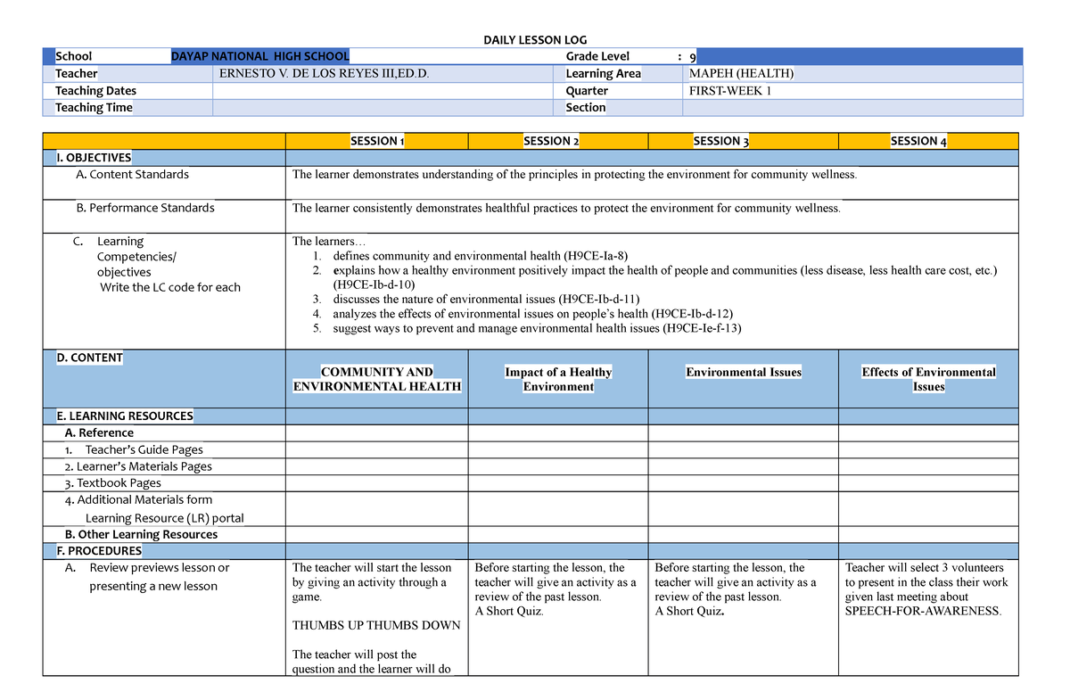 Daily Lesson LOG WEEK 1 - Sample DLL in AP - DAILY LESSON LOG School ...