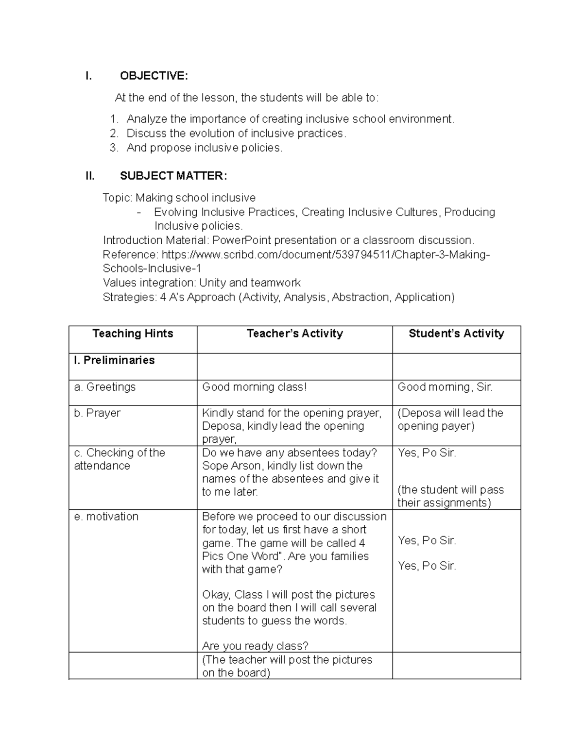 LP1 - this lesson plan can help you - I. OBJECTIVE: At the end of the ...