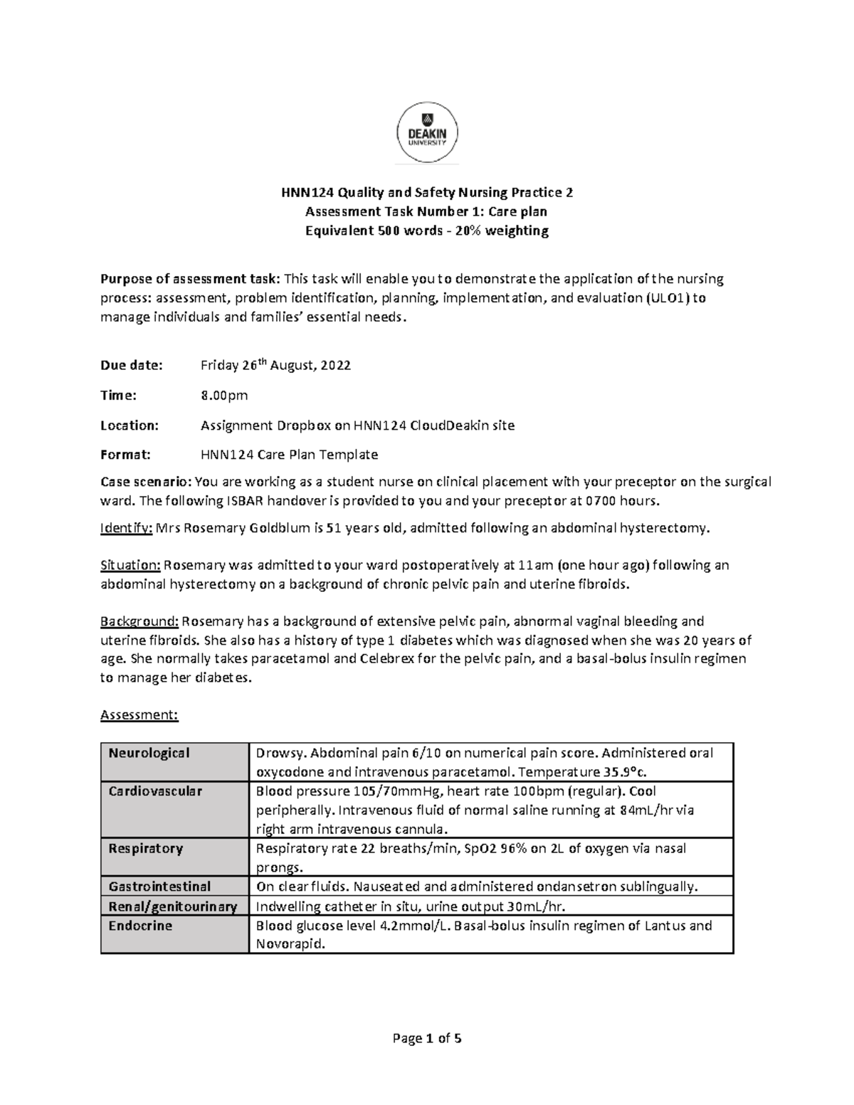 Assessment Task 1 - Care Plan - HNN124 Quality and Safety Nursing ...