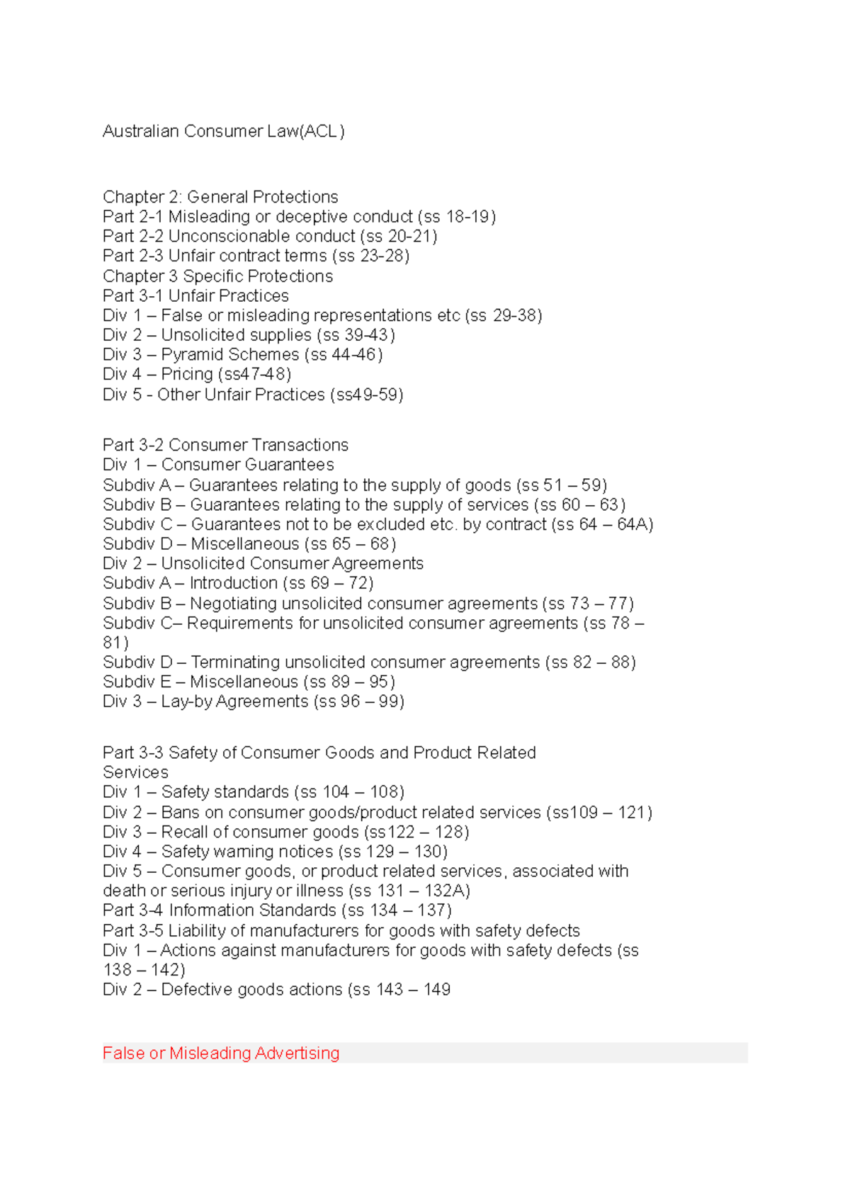 Australian Consumer Law Australian Consumer Law(ACL) Chapter 2 General Protections Part 21