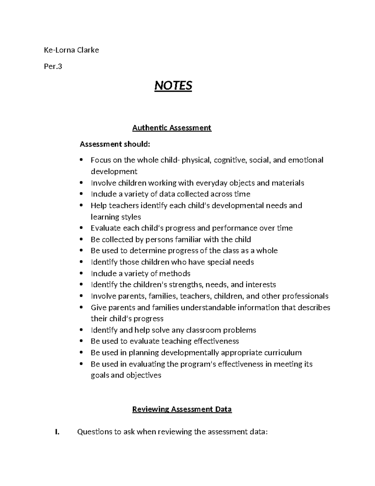 Chapter 3 Notes E - Ke-Lorna Clarke Per. NOTES Authentic Assessment ...