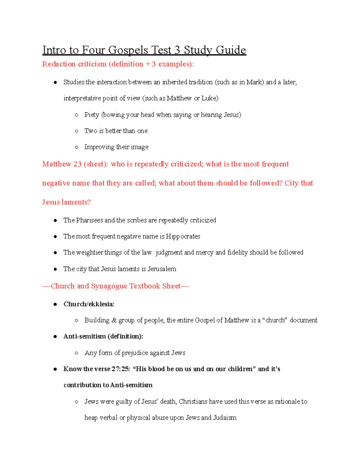 Test 3 Study Guide - Intro To Four Gospels Test 3 Study Guide Redaction ...