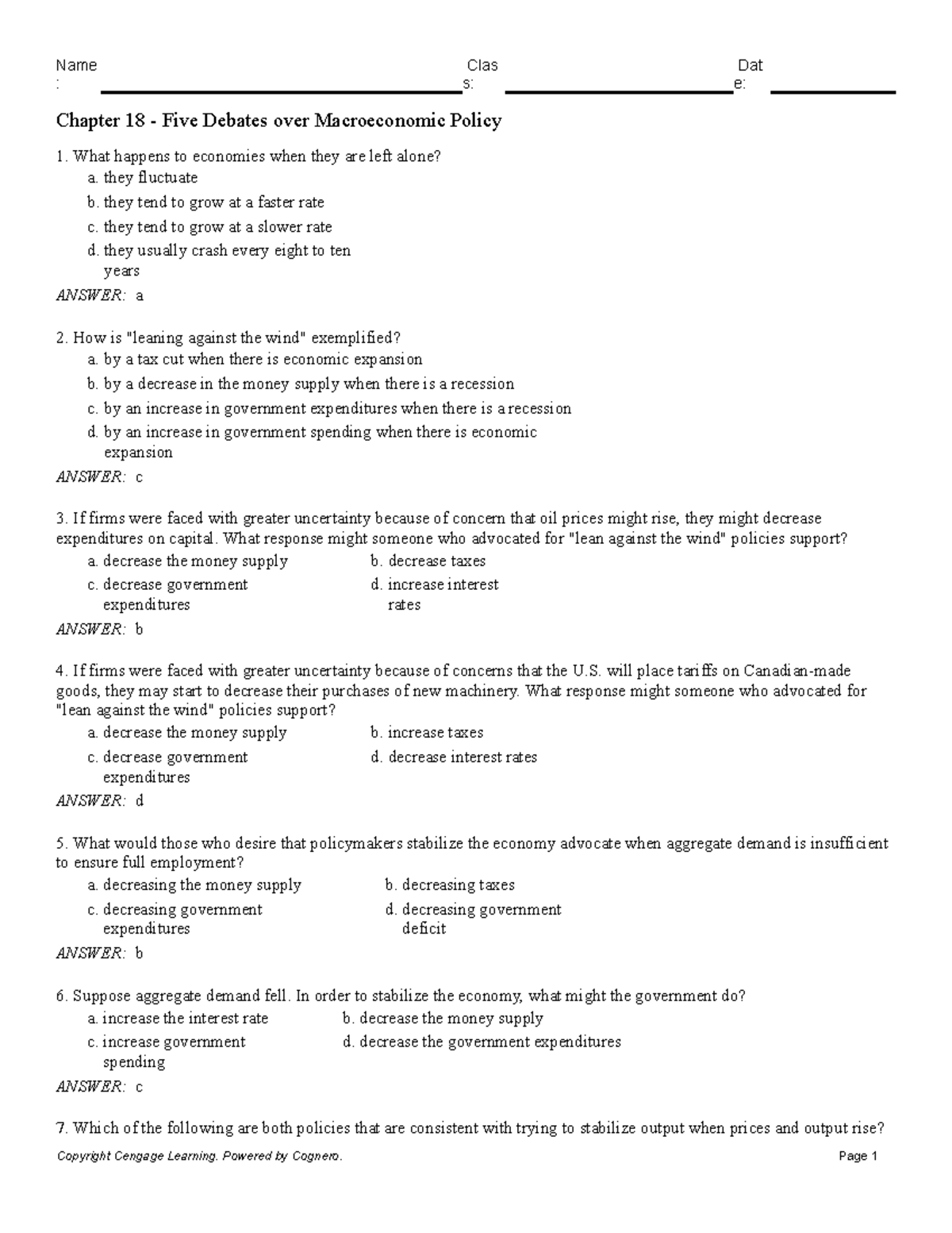 Chapter 18 Five Debates over Macroeconomic Policy - : s: e: Chapter 18 ...