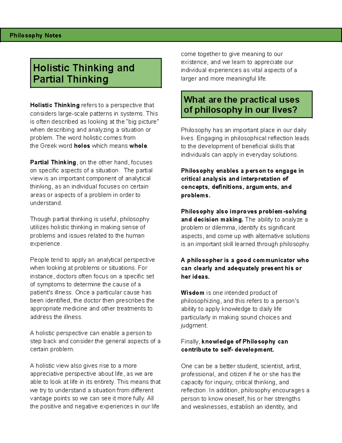 Philo Reviewer - Holistic Thinking and Partial Thinking Holistic ...