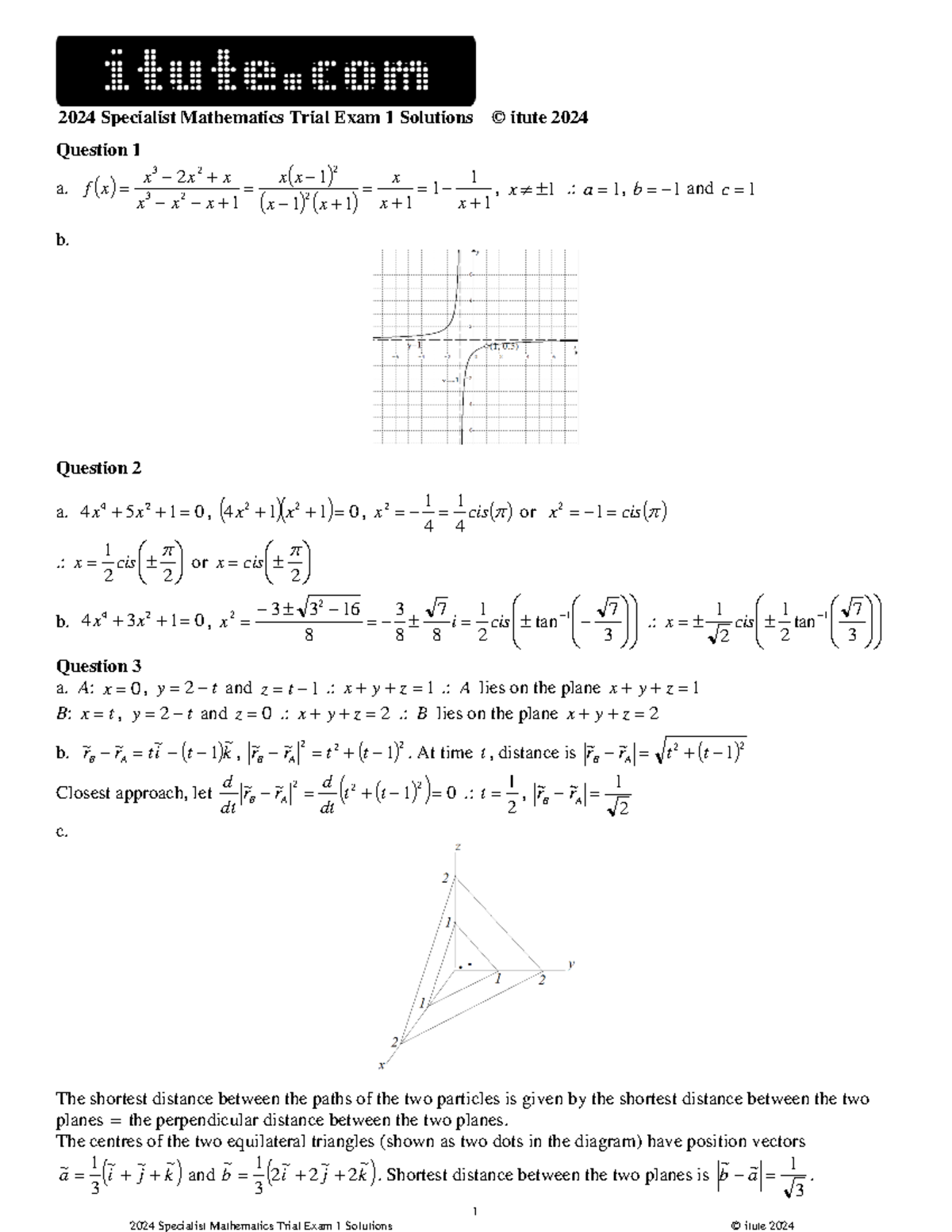 2024 Specialist Mathematics Trial Exam 1 Solutions 2024 Specialist