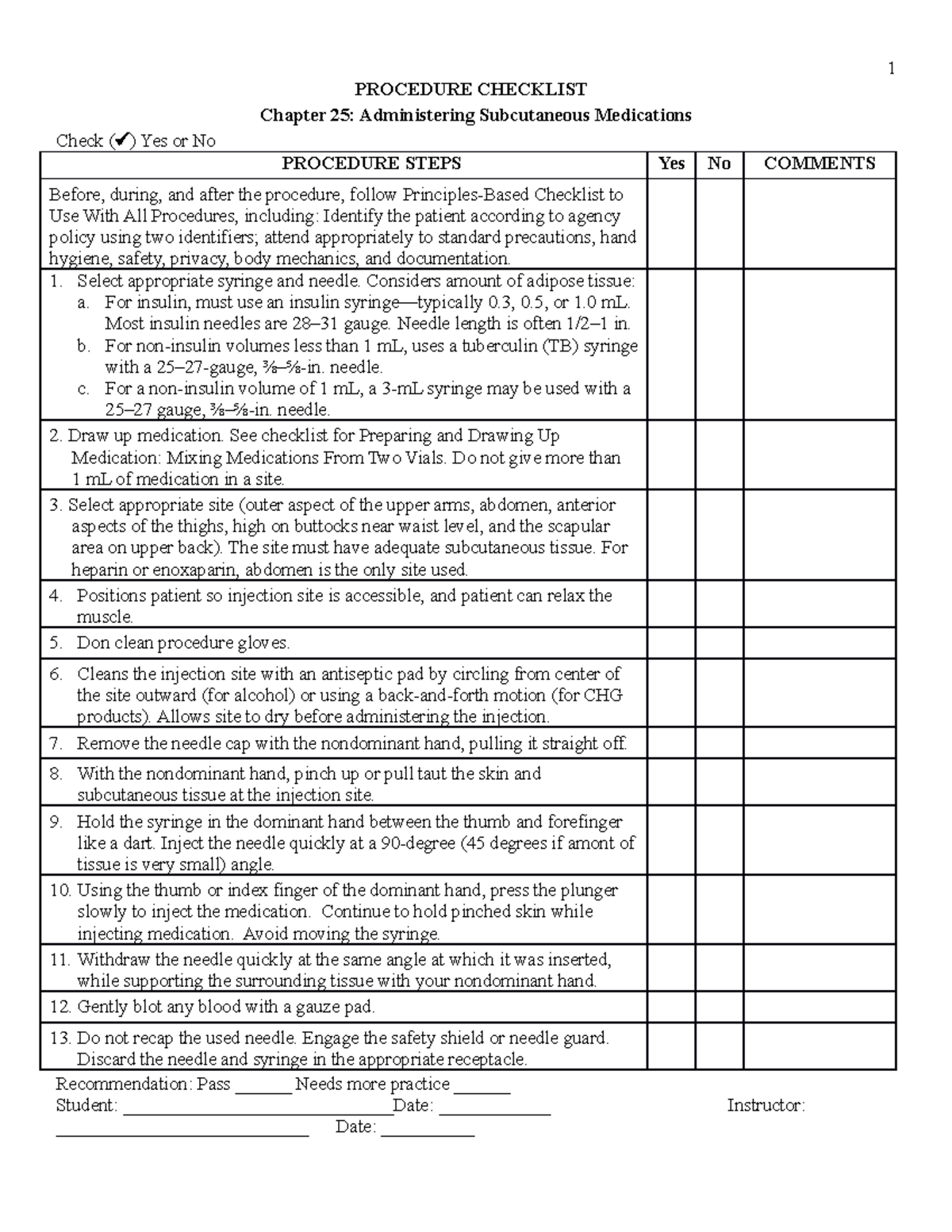 Chp2512 Subcutaneous Injection PROCEDURE CHECKLIST Chapter 25