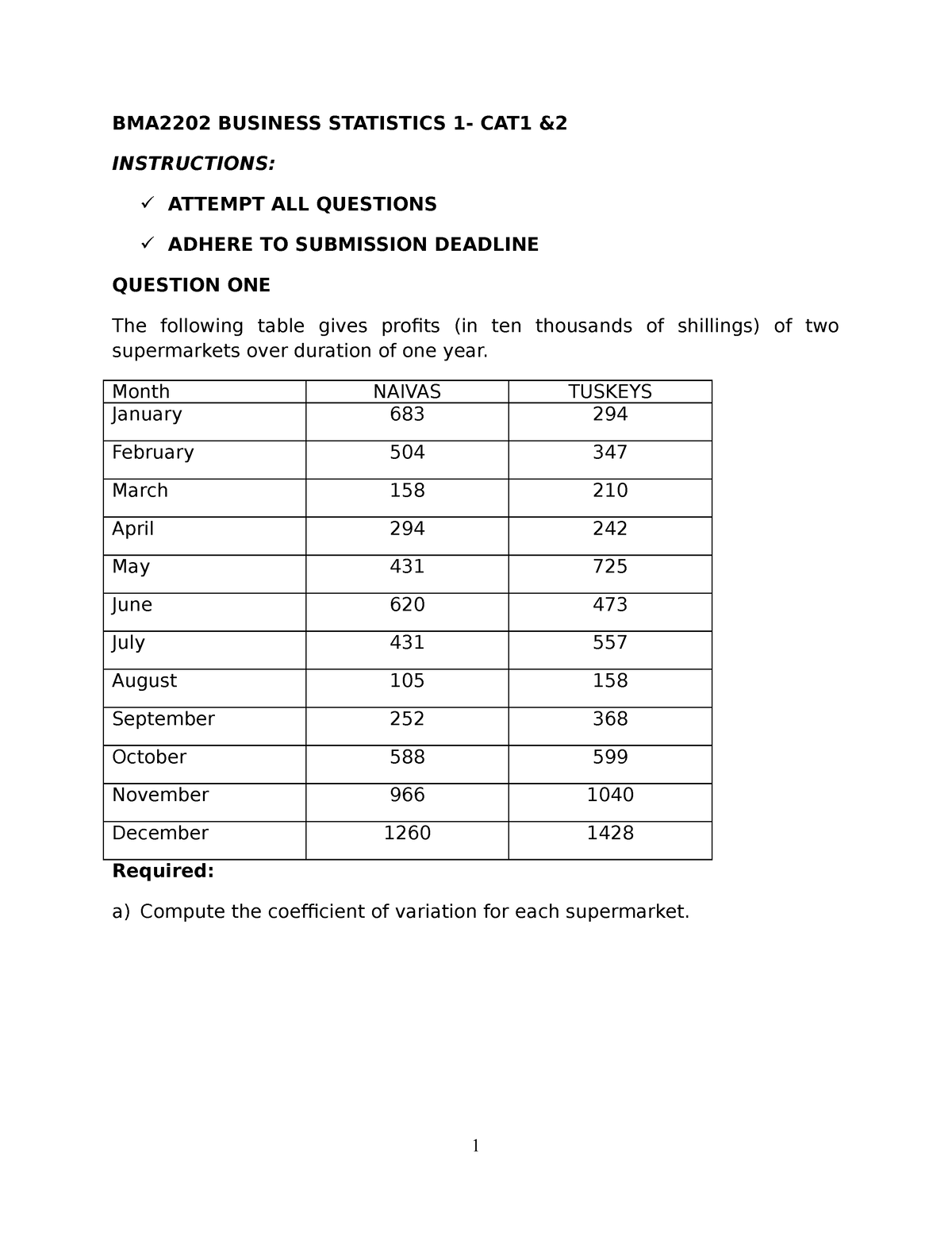 BMA2202 Business Statistics 1-CAT1 2 - BMA2202 BUSINESS STATISTICS 1 ...