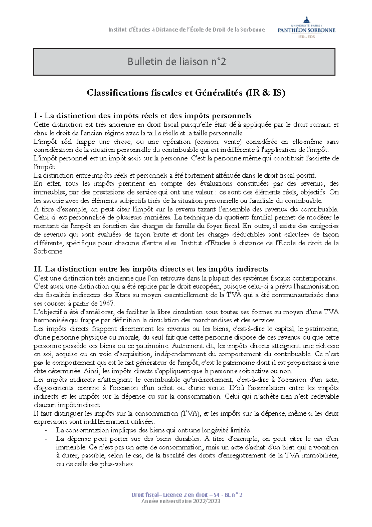 Droit fiscal Bulletin n° 2 Institut d’Études à Distance de l’École de Droit de la Sorbonne